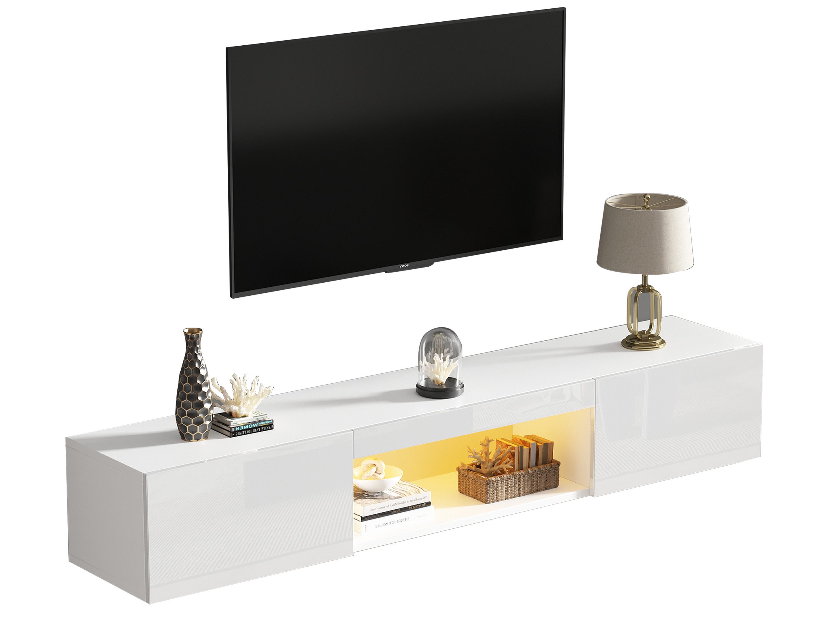 SeedWave Lowboard Schwebender TV Schrank Hängeboard mit LED-Beleuchtung, Stauraum, 160cm Fernsehschrank mit Kabeldurchführung, 2 Klapptüren