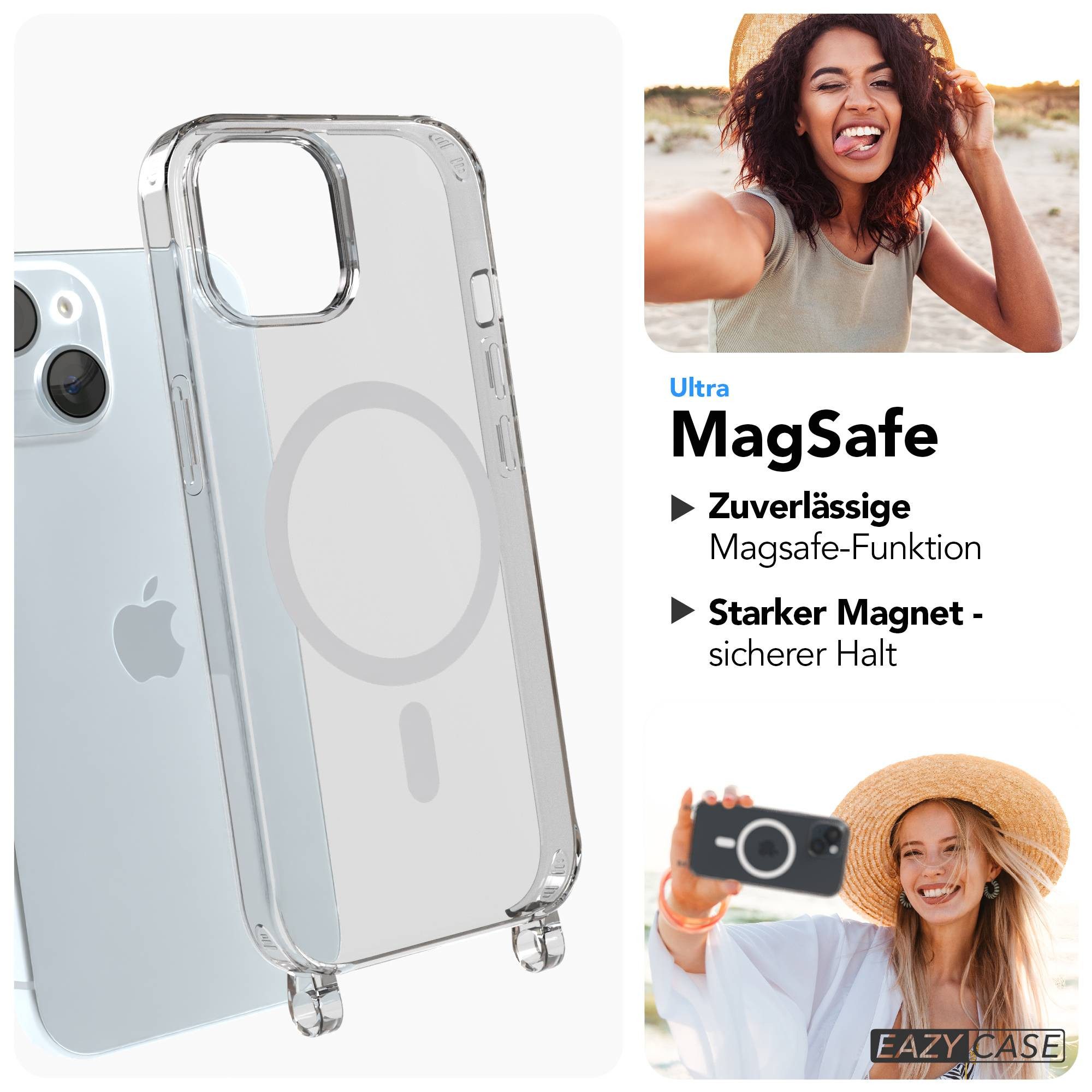 EAZY CASE Handykette Umhängeband MagSafe Hülle für Apple iPhone 15 6,1 Zoll, Hülle mit MagSafe Handykette Camouflage Alltags Crossbody Taupe