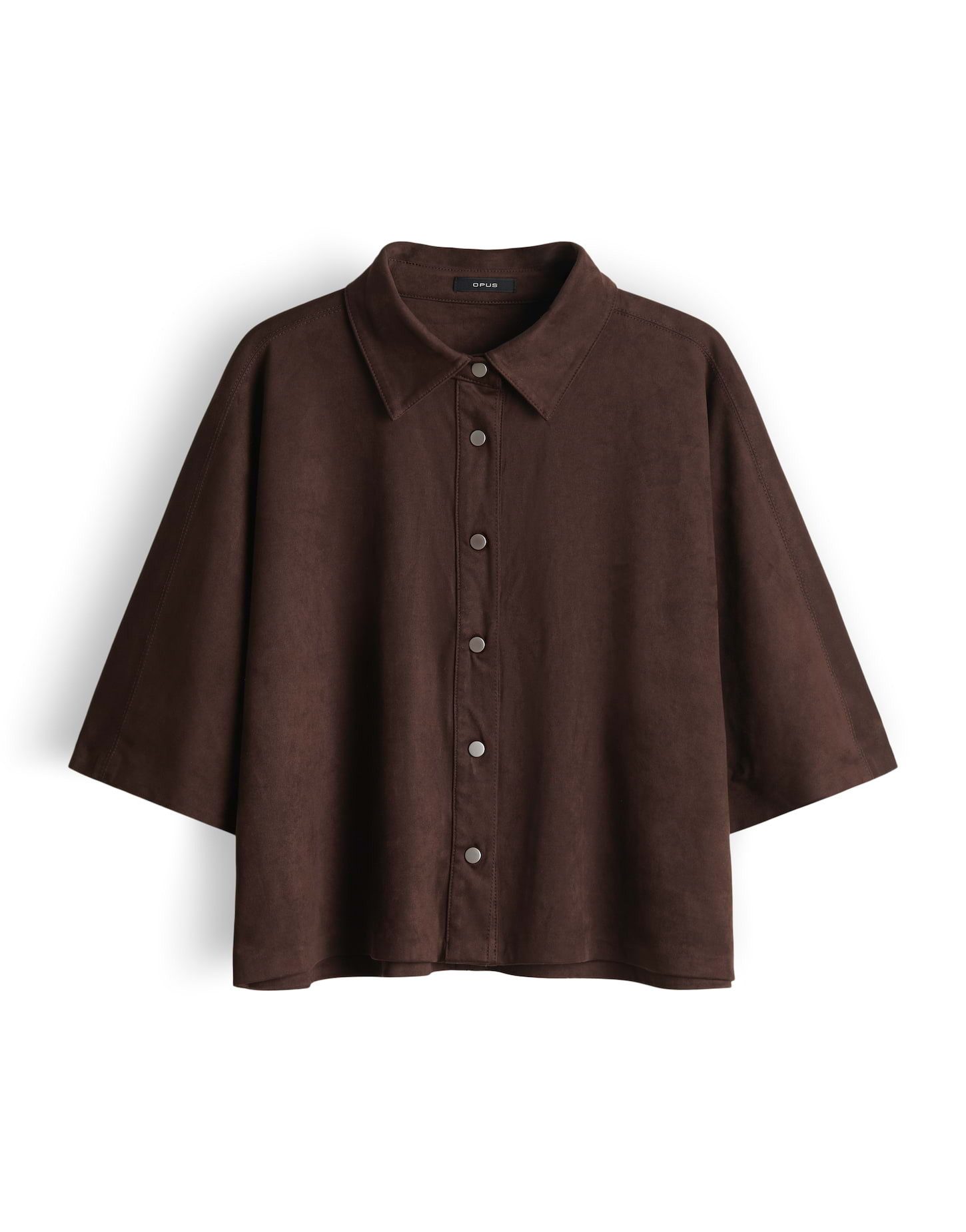 OPUS Kurzarmbluse Overshirt aus Velourslederimitat mit weichem Griff Leicht verkürzter Schnitt mit abgesteppter Teilungsnaht