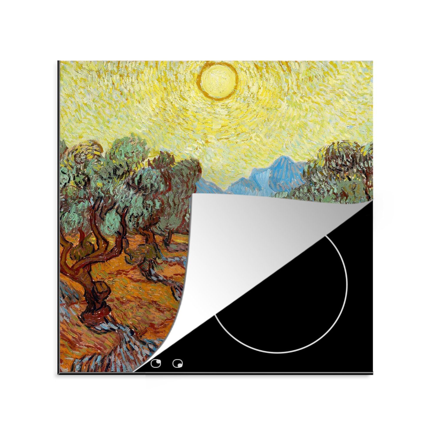 Himmel und Vinyl, van gelbem Vincent cm, 78x78 Arbeitsplatte Olivenbäume Gogh, Gemälde mit Herdblende-/Abdeckplatte Ceranfeldabdeckung, tlg), von (1 - für MuchoWow Sonne küche