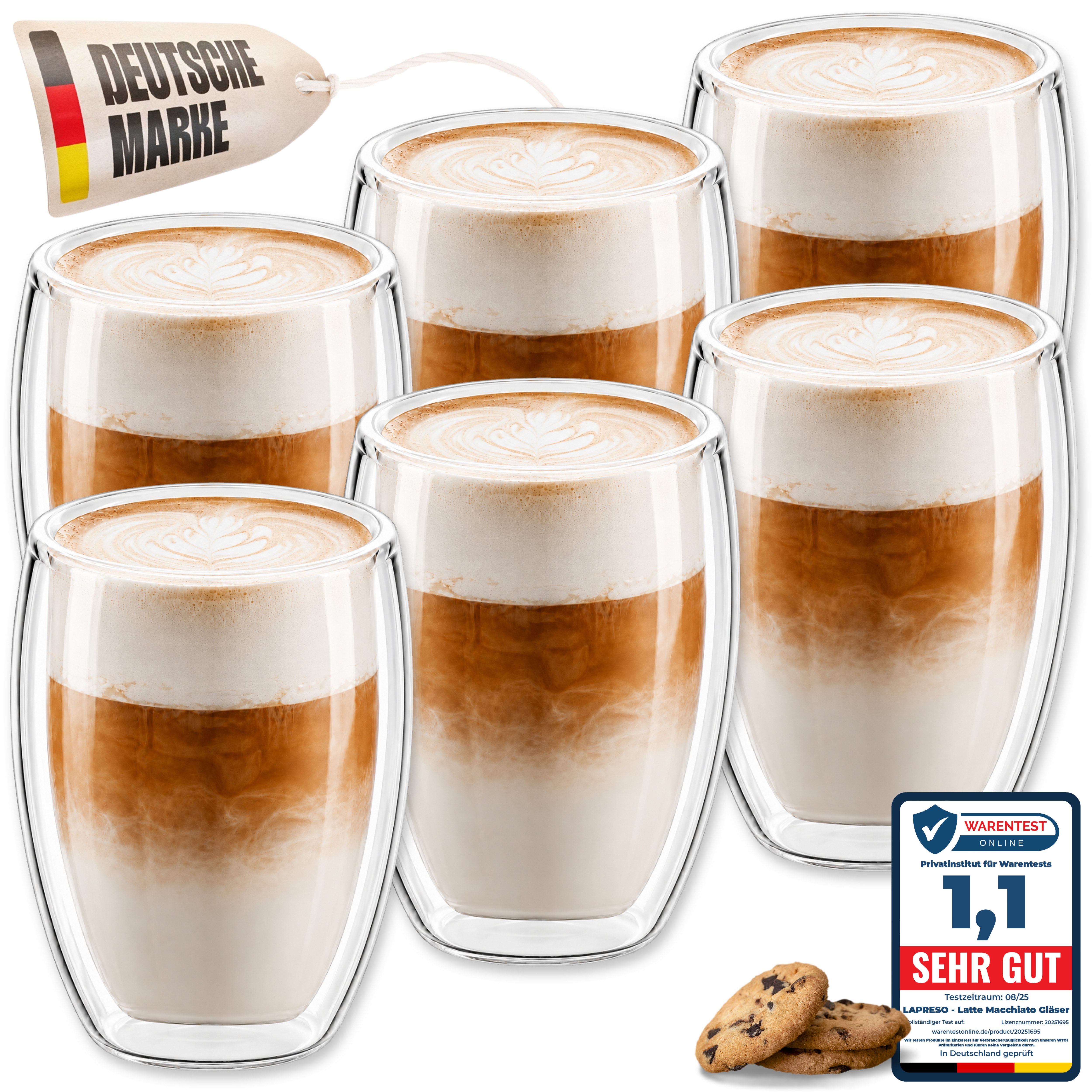 LAPRESO Latte-Macchiato-Glas Doppelwandig, Thermogläser Kaffeegläser Set 350 & 450 ml, 6-tlg., Borosilikatglas, 6er Set