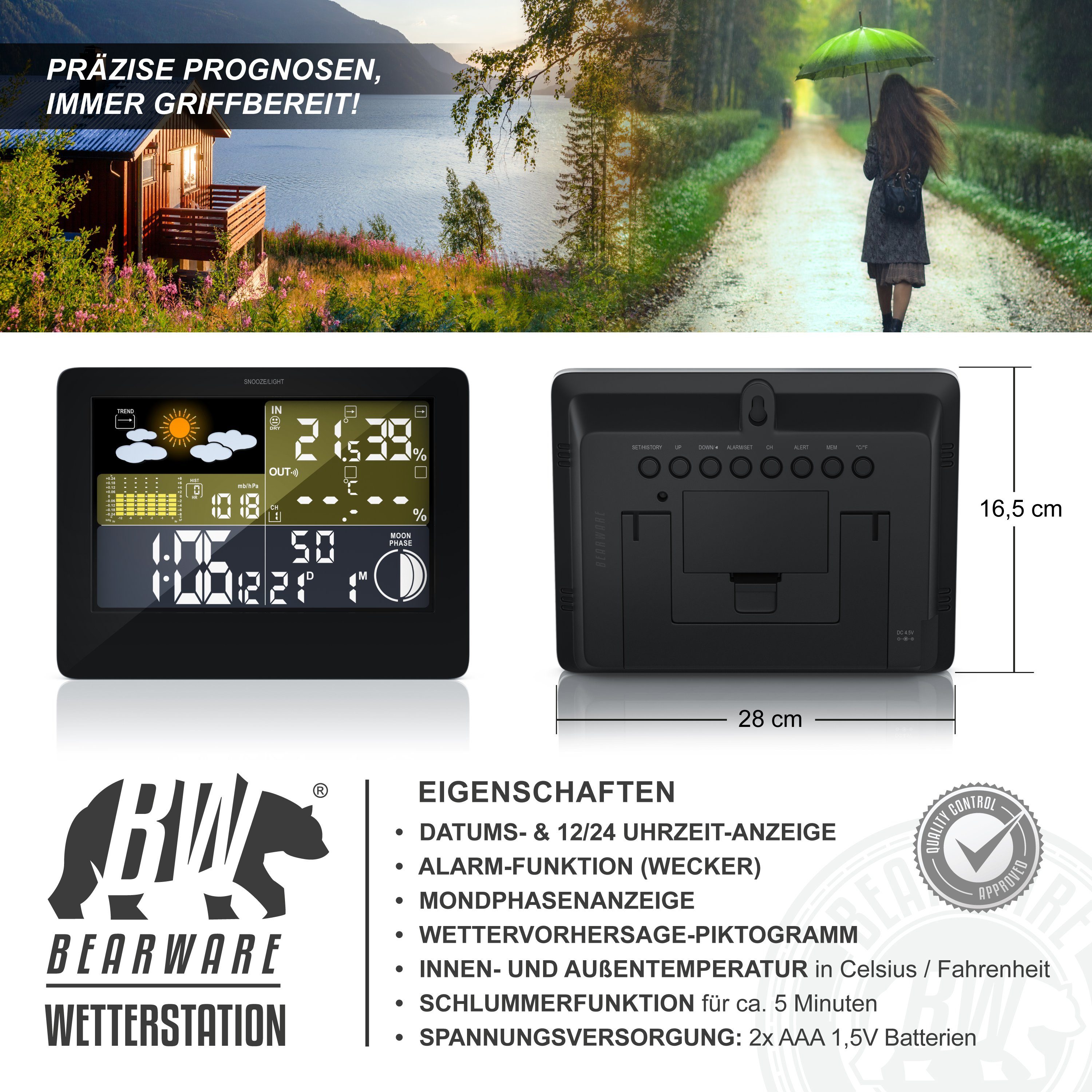BEARWARE mit Farbdisplay, Funk, inkl. Außensensor, Wettervorhersage-Piktogramm Wetterstation (Außensensor, DCF Empfangssignal Funkuhr, Innen und Außentemperatur, UVM)