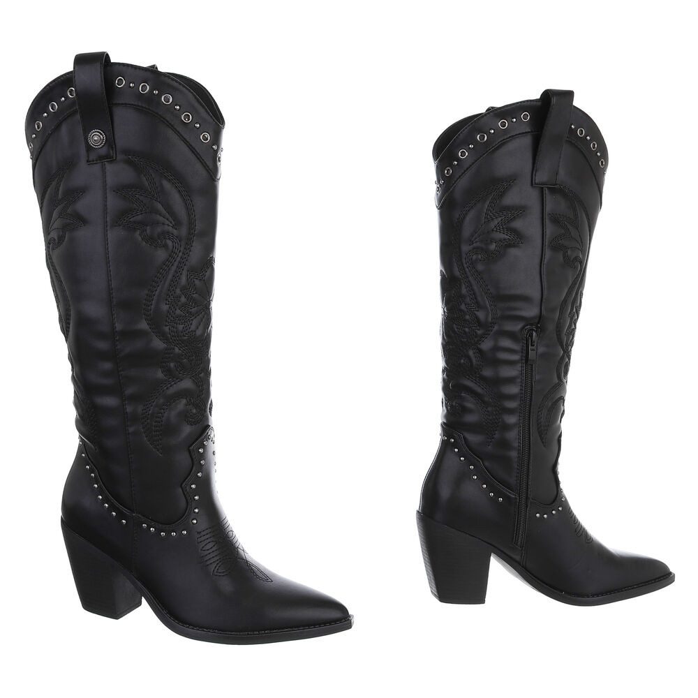 Ital-Design Damen Cowboystiefel mit Blockabsatz und Stickerei Westernstiefel (92002489) Blockabsatz Stiefel in Schwarz – Bild 4 von 5