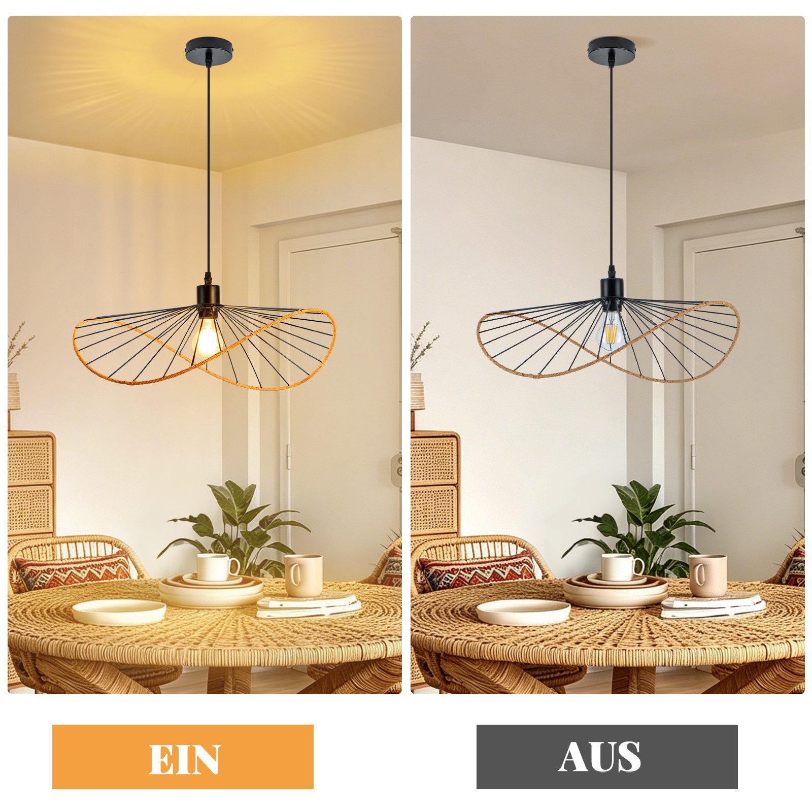 ZMH Pendelleuchte Schwarz Esstisch Hängelampe E27 Retro Wohnzimmerlampe Boho Ø 50cm, ohne Leuchtmittel, Deckenlampe, E27, Hängeleuchte, Hängelampe – Bild 5 von 5