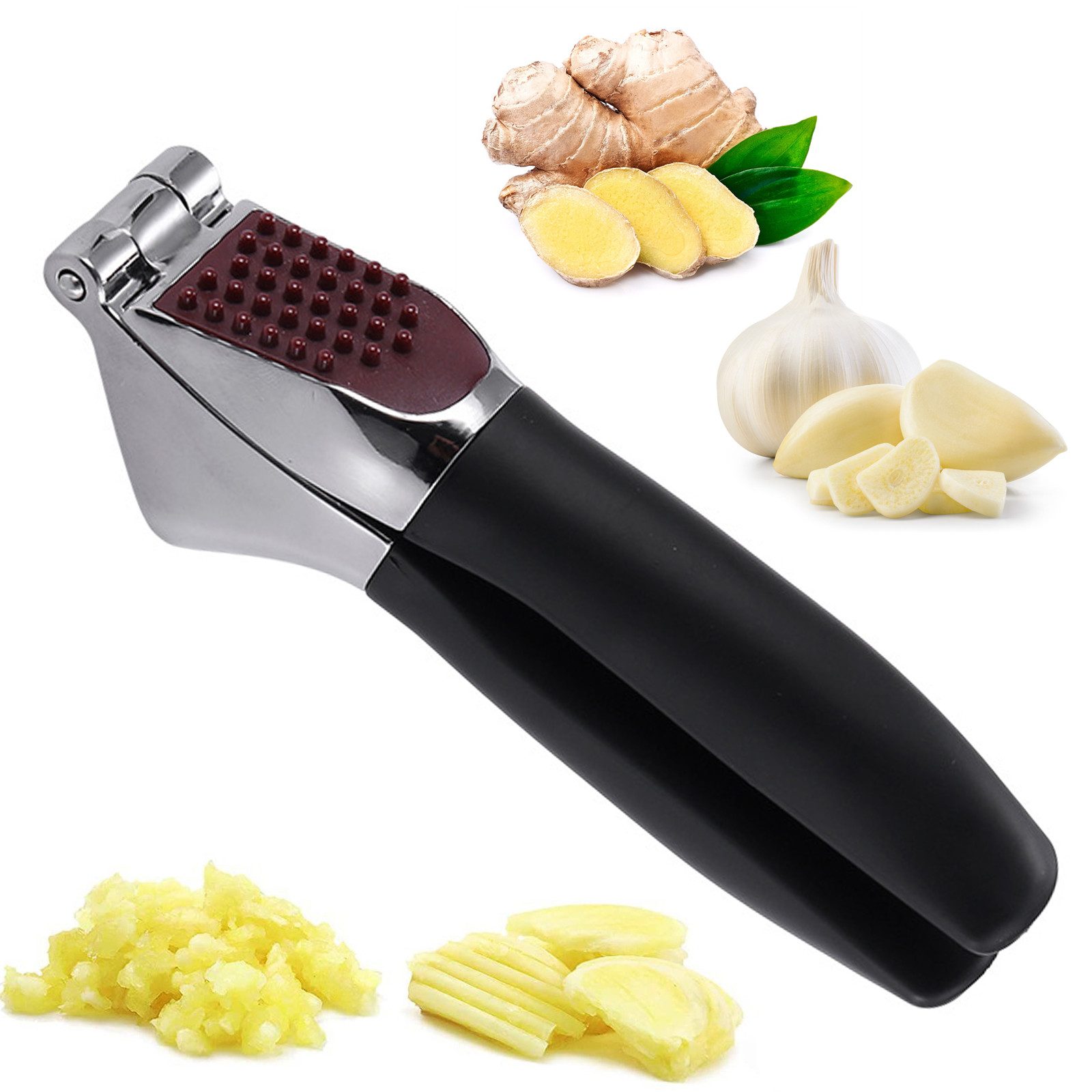 BlingBin Knoblauchpresse Knoblauchschneider Garlic Press, Knoblauchpresse Set aus Edelstahl (1 St), Zinklegierung + ABS, Praktischer Küchenhelfer mit Knoblauchschäler und Reinigungsbürste
