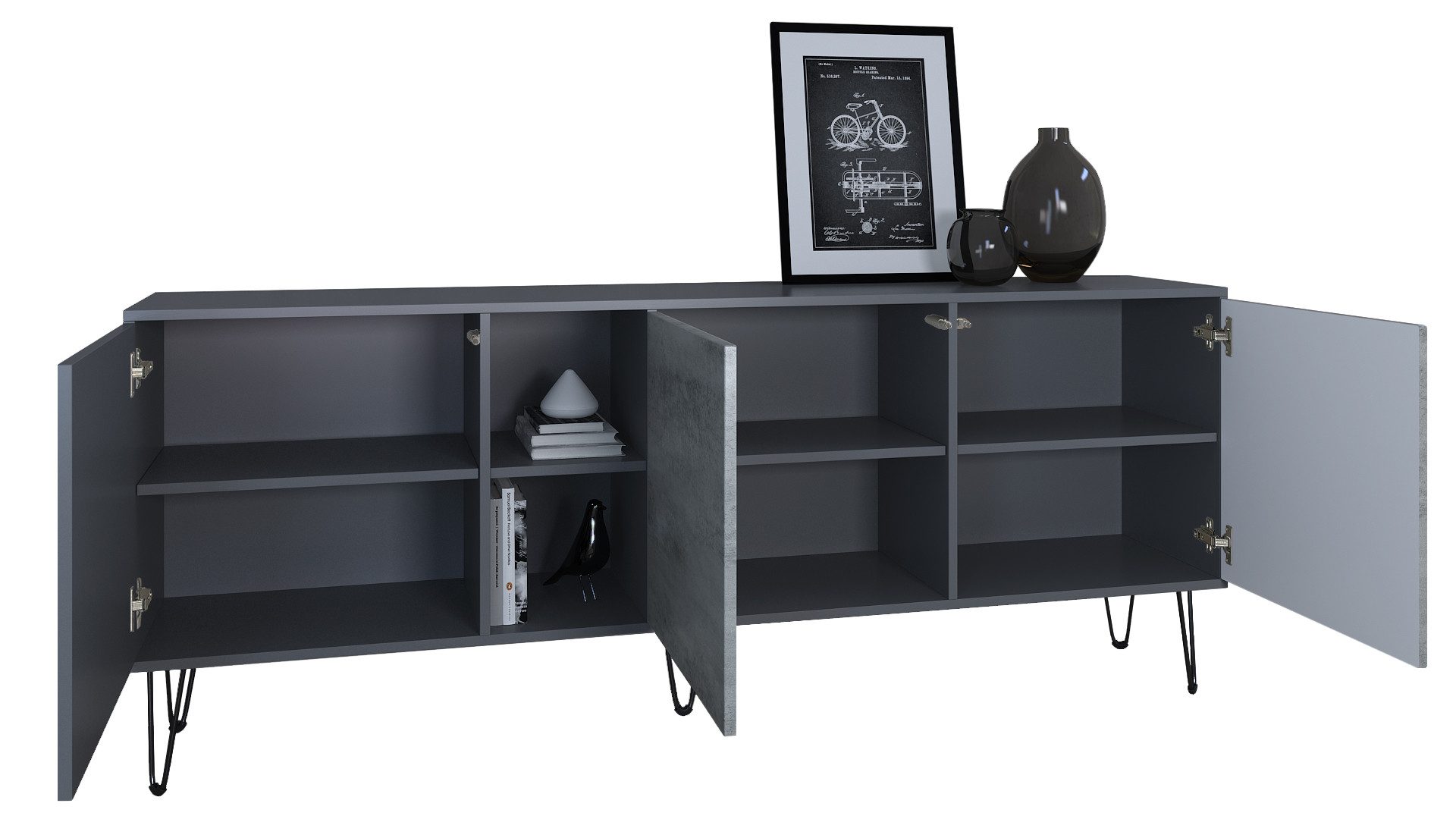 Vladon Sideboard Havana (TV-Schrank mit 3 Türen und 2 offene Fächer, Kommode Made in Germany), Anthrazit matt / Brombeer Hochglanz (181,5 x 73 x 35 cm)