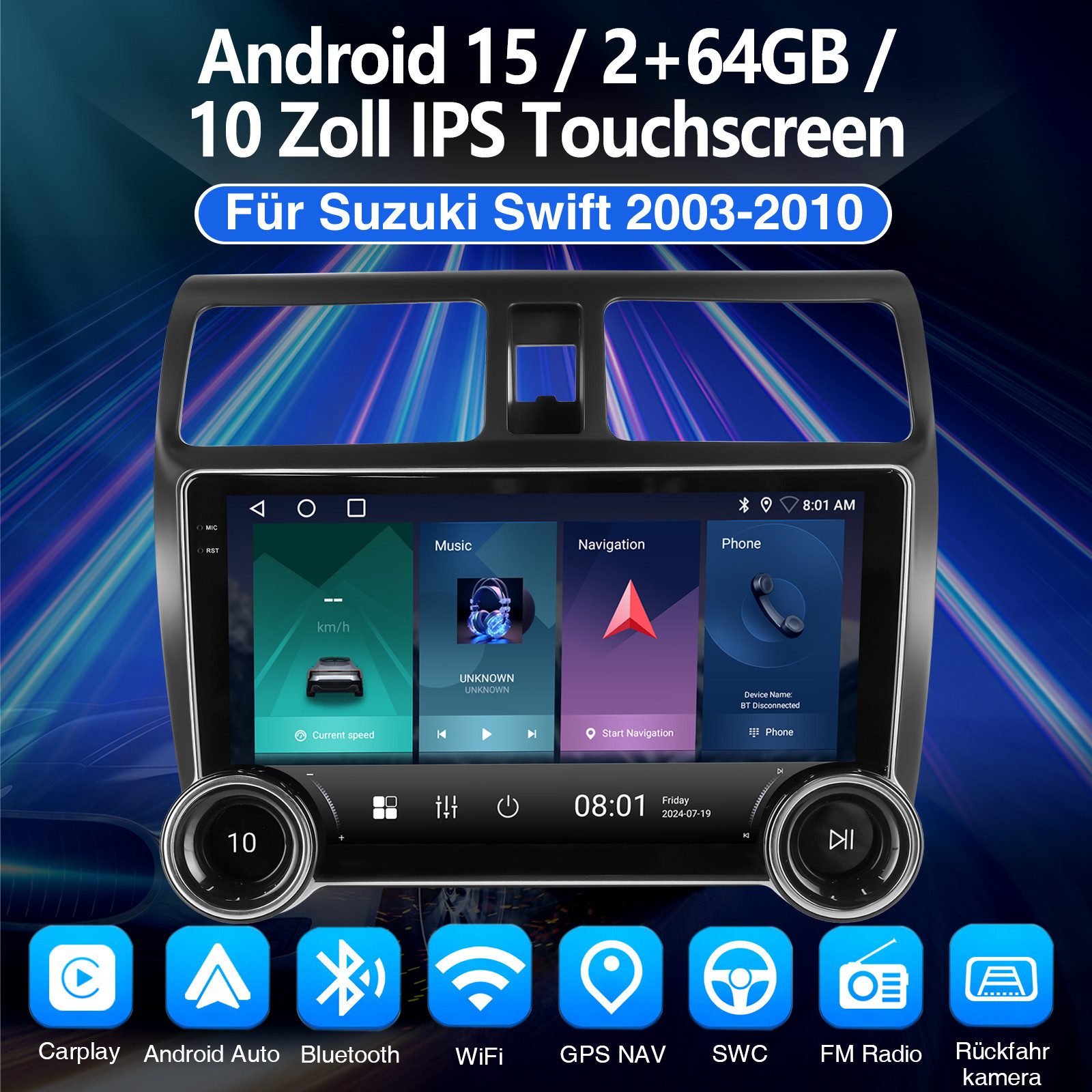 ESSGOO 10" Android15 WiFi GPS Navi RDS Für Suzuki Swift 2003-2010 CarPlay ES5 Autoradio (RDS, 4+64GB(optional), FM, AM, DAB+ (optional), Wireless Apple Carplay & Android Auto,2 DIN,WMA,ASP)