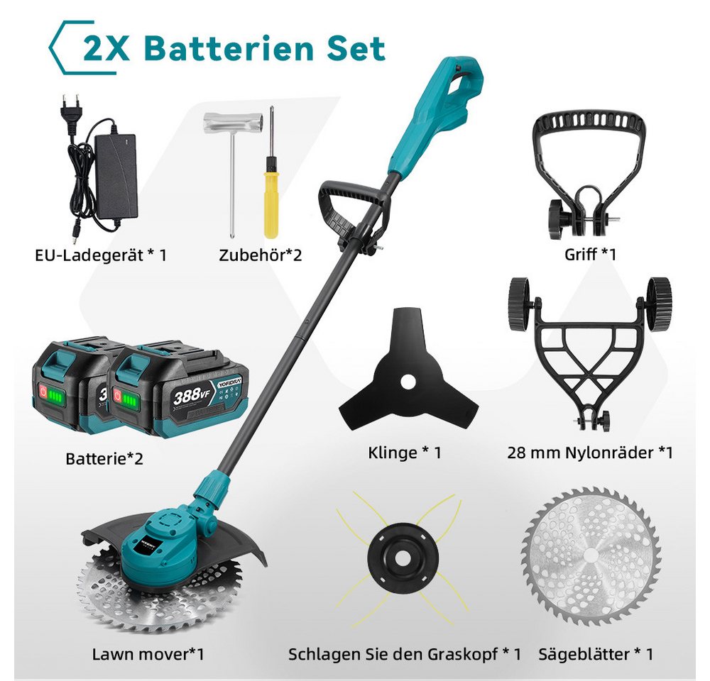 Thumbnail - ONEVAN Akku-Rasentrimmer 25cm Schnittbreite Bürstenloser Motor Rasentrimmer Mit 2 Akku, 25 cm Arbeitsbreite Messer, 3 in...