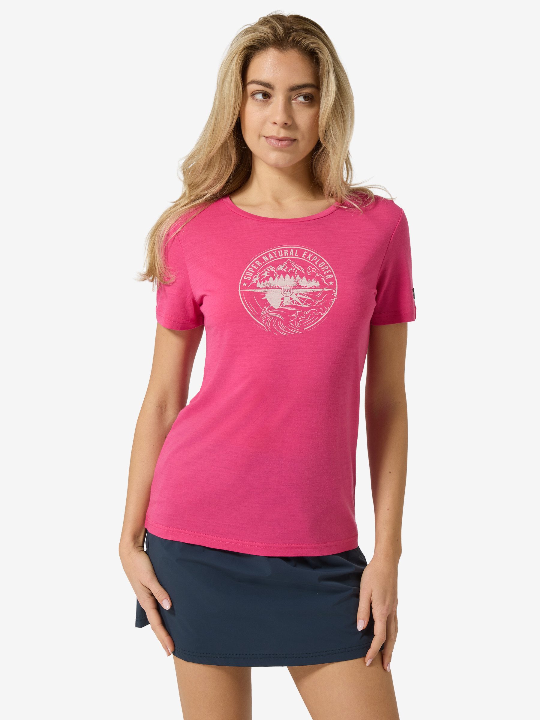 SUPER.NATURAL T-Shirt für Damen,Merino W EXPLORING TEE mit Reise-Motiv, atmungsaktiv