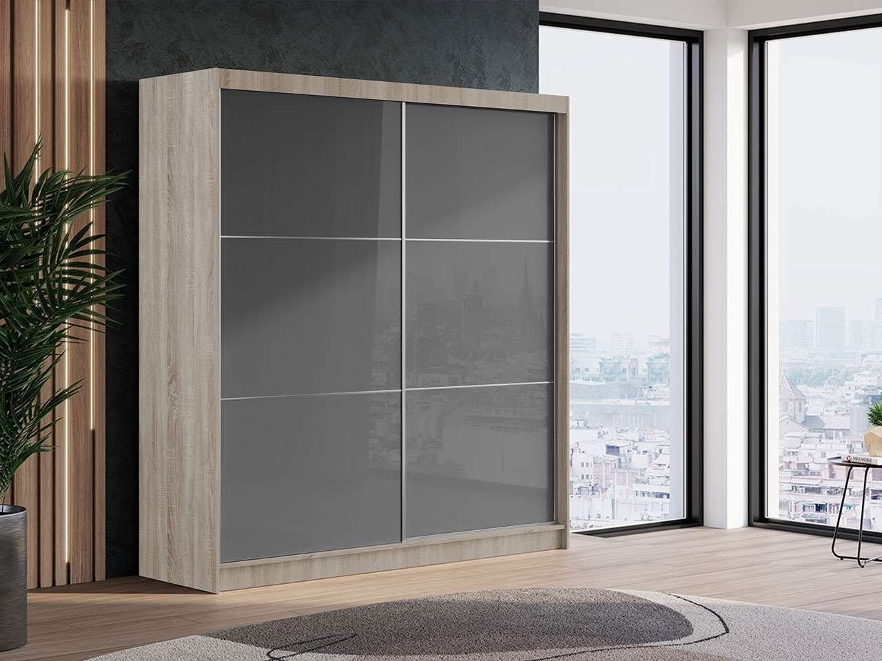 MKS MÖBEL Kleiderschrank VALENCIA Schiebeschrank mit Lacobel-Glas 200 cm, in der Farbe Sonoma-Eiche Grau
