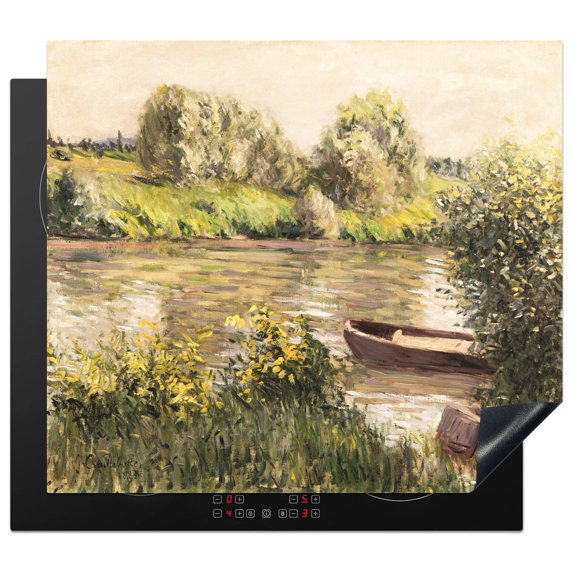 MuchoWow Herdblende-/Abdeckplatte Kleines Boot am Ufer des Flusses - Gemälde von Gustave Caillebotte, Vinyl, (1 tlg), 60x52 cm, Mobile Arbeitsfläche nutzbar, Ceranfeldabdeckung