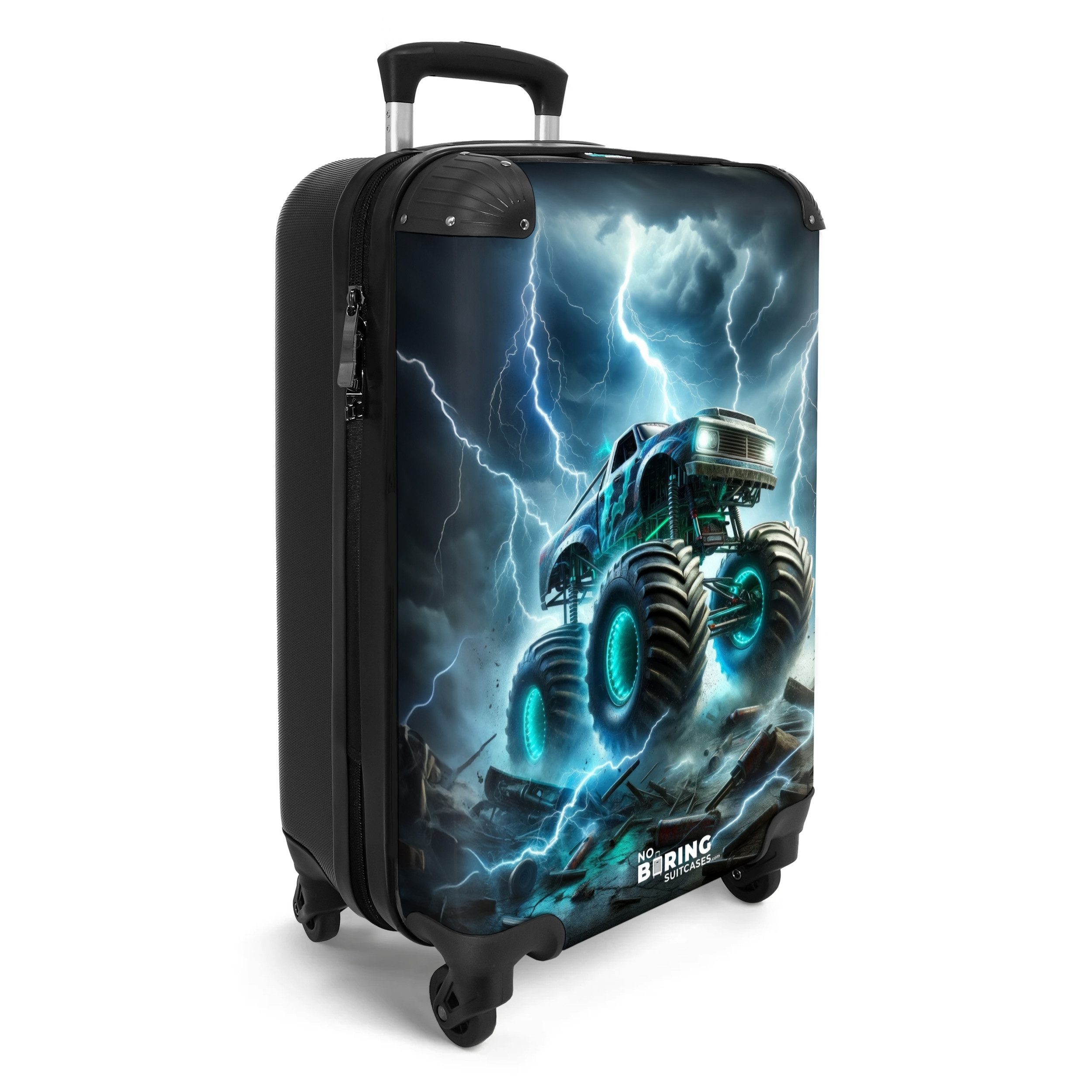 NoBoringSuitcases.com© Kinderkoffer Großer Monstertruck mit blauen Akzenten 55x35x20cm, Handgepäck Koffer, Hartschalenkoffer Kinder, Reisekoffer Jungen – Bild 2 von 5