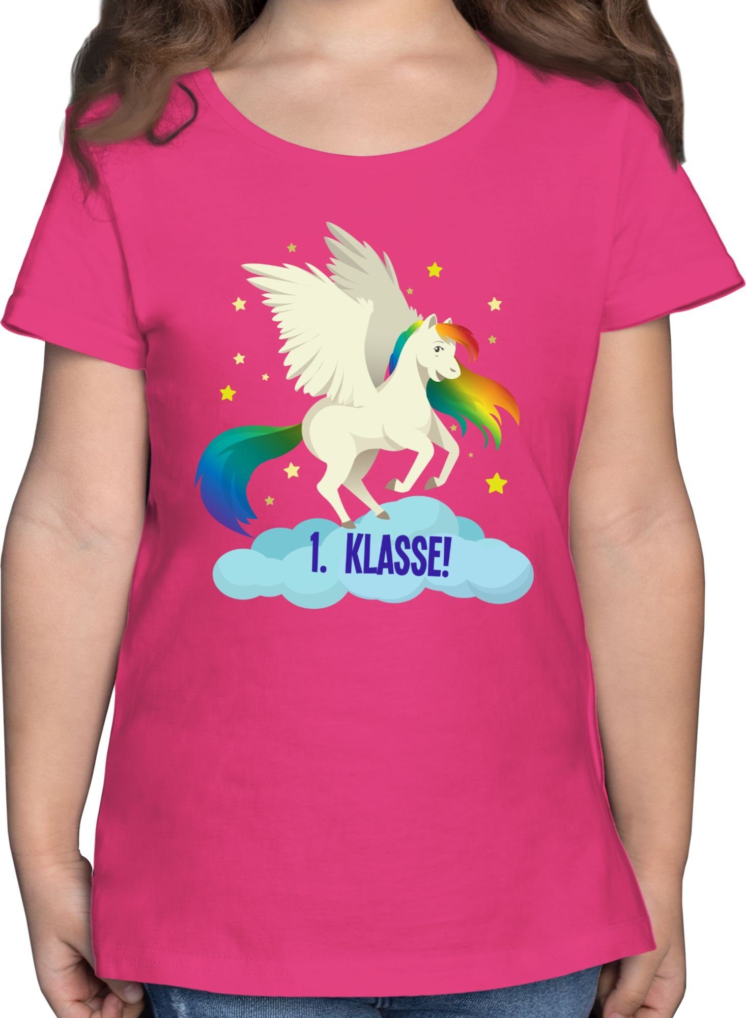 Shirtracer T-Shirt Schulstart Regenbogen-Pferd Einschulung Mädchen 1 Fuchsia
