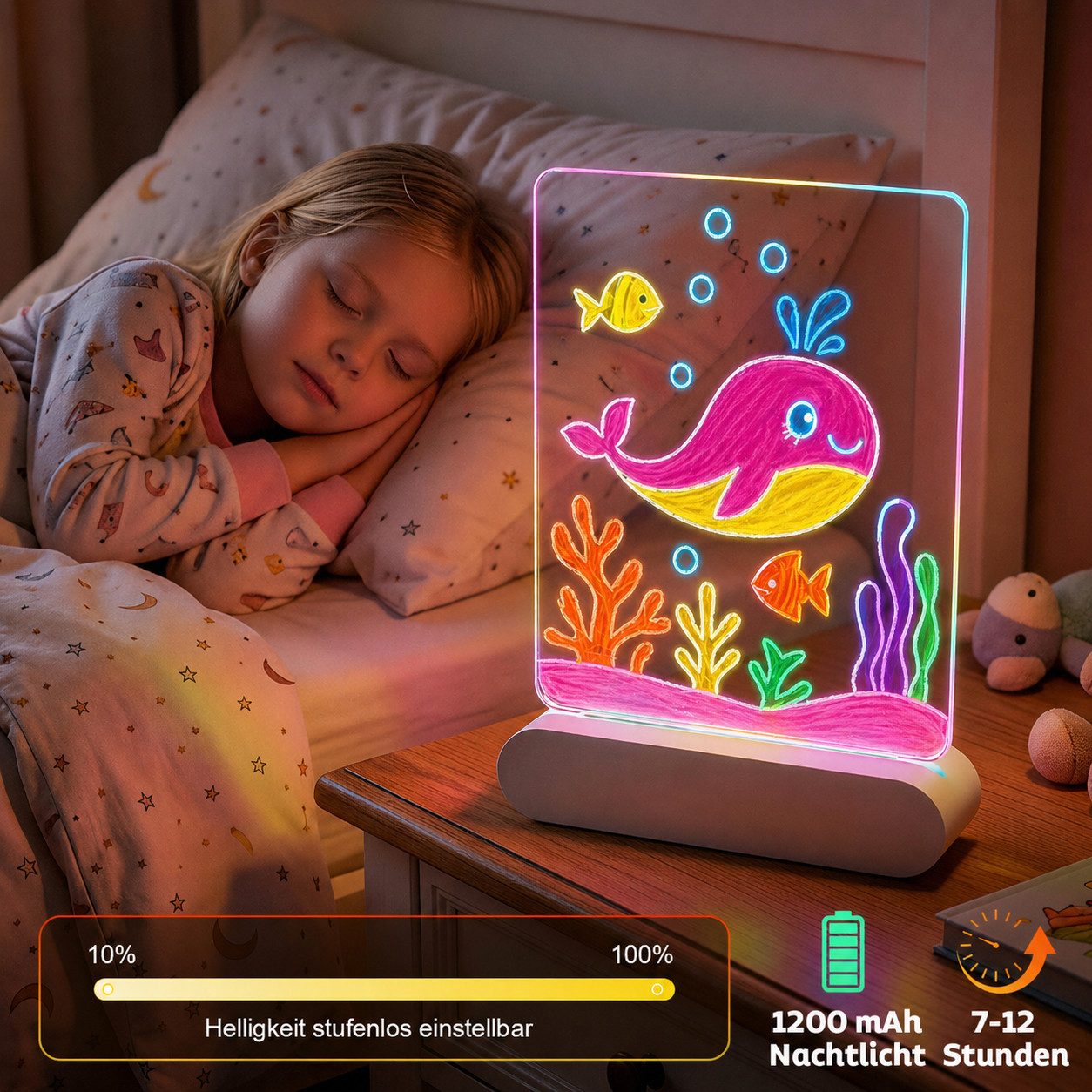 ANYSUN Zaubertafel LED Zeichenbrett für Kinder, Wiederaufladbare Doodle Glow Notiztafel, (Weihnachtsgeschenk mit 7 Farben Stift & 10 Story-Papier & 1200mAh Akku – Bild 4 von 5
