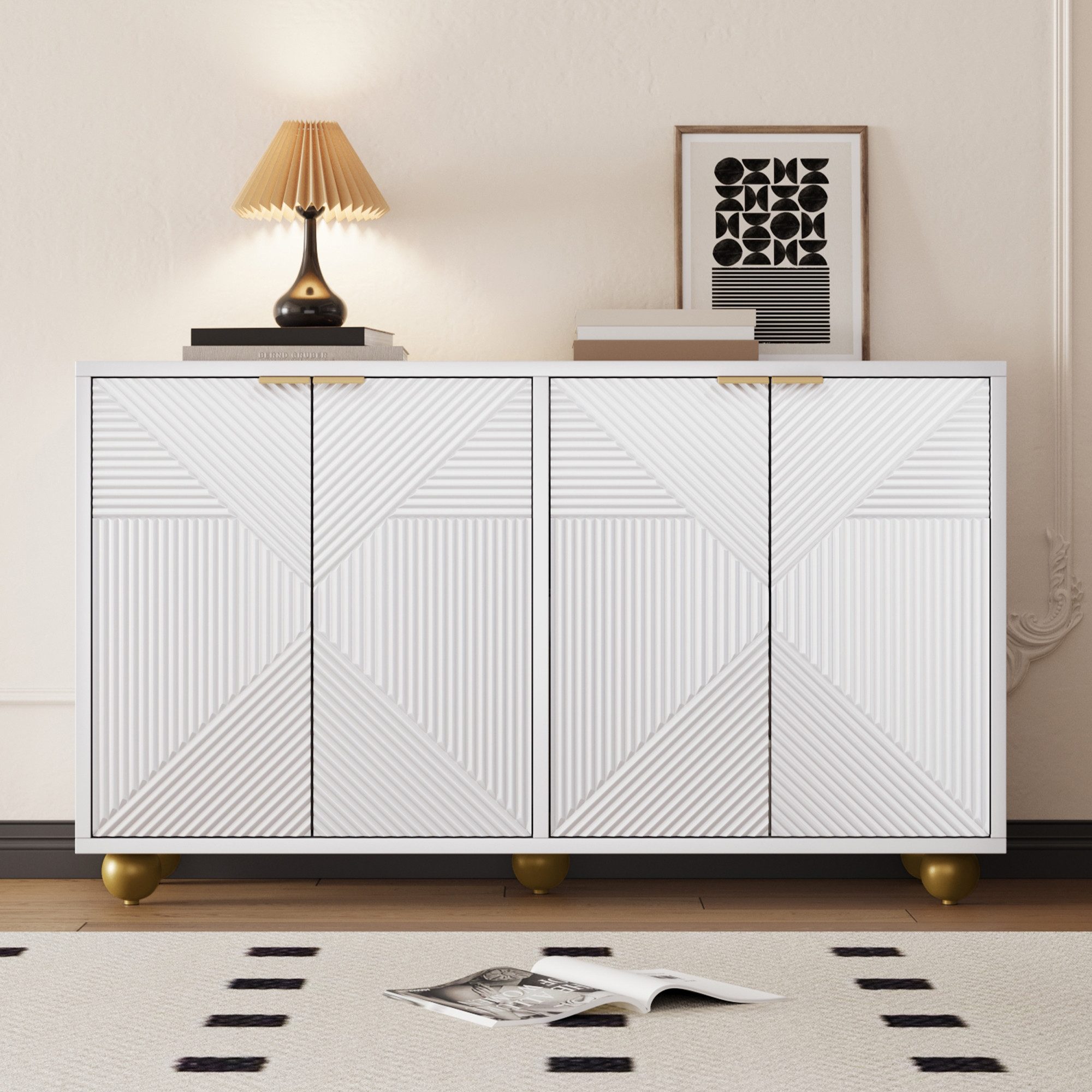 Celya Sideboard mit vier Türen und verstellbaren Innenböden (Metallgriffen und kugelförmigen Beinen), Viel Stauraum, Besonderer Licht- und Schatteneffekt