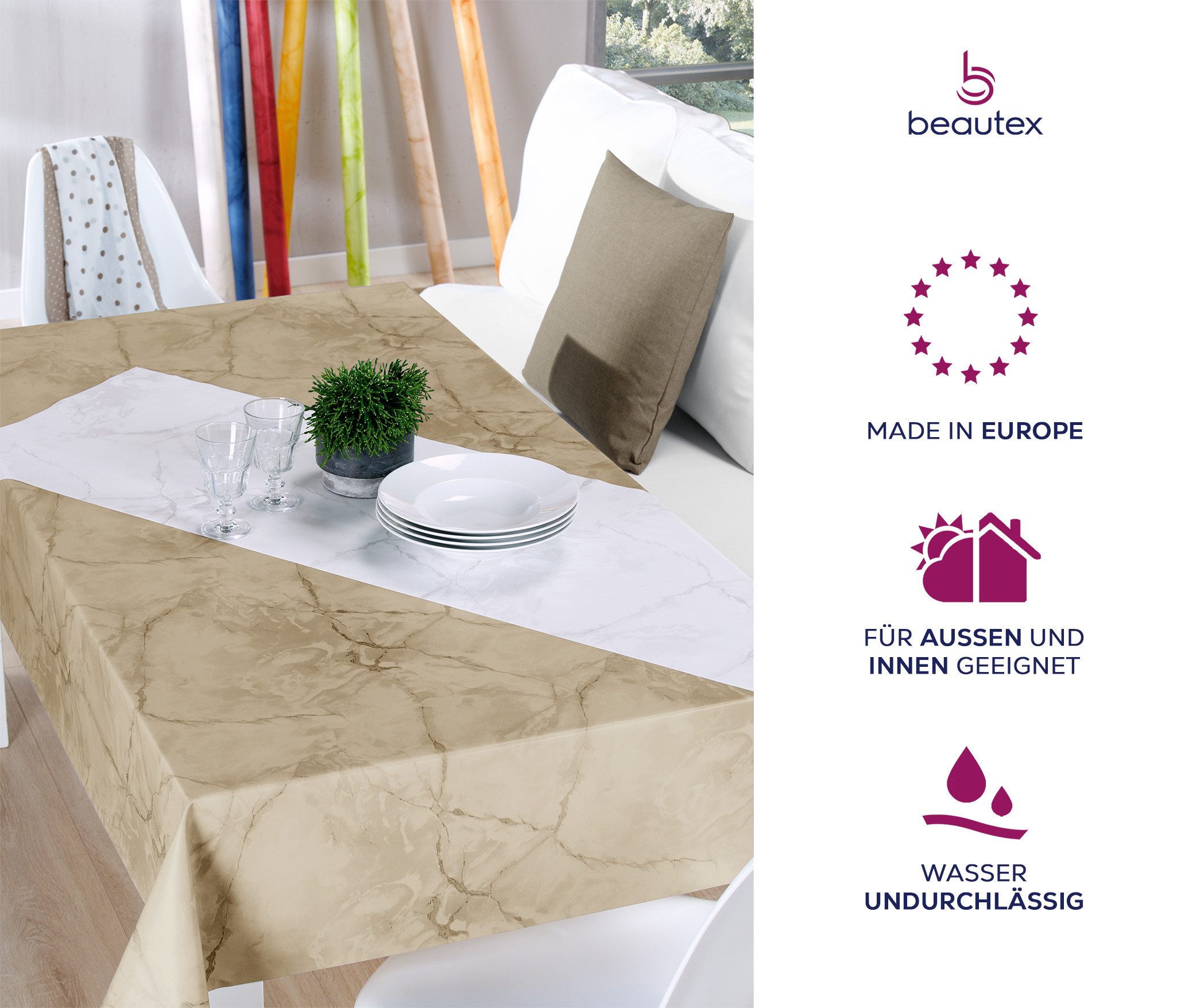 Beautex Tischdecke Wachstuchtischdecke abwischbar, Gartentischdecke Marmorstein (1-tlg)
