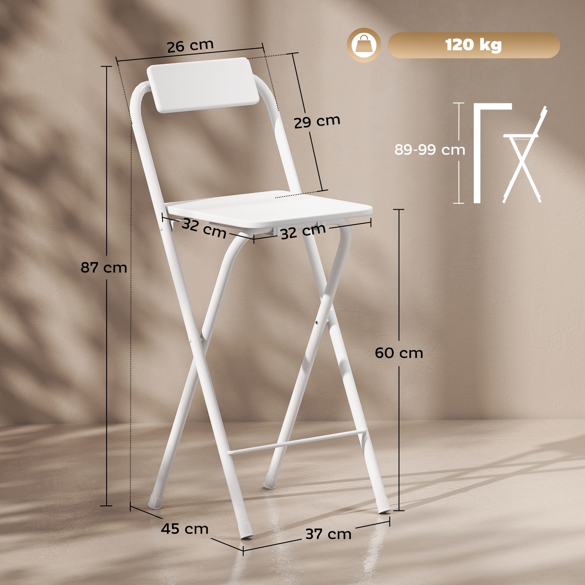 HOMCOM Barhocker mit Stahlgestell, Lehne, Fußstütze (Tresenhocker, 2 St., Klappbar Barstuhl), für Küche, Wohnzimmer, Esszimmer Weiß