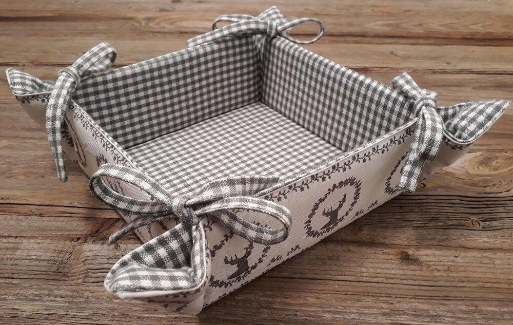 matches21 HOME & HOBBY Vorratsdose Brotkorb aus Stoff RESI Grau, kariert mit Hirsch Druck, in 20x20 cm, Textil, (1-tlg), Wiederverwendbar & Waschbar bis 30 Grad