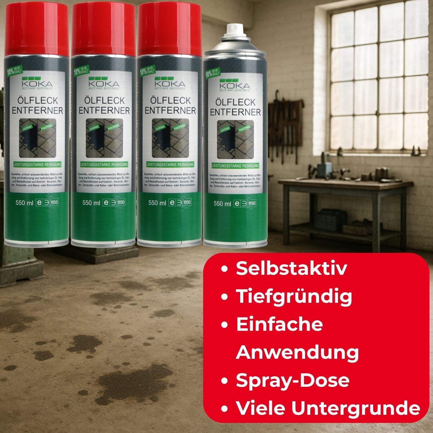 KOKA 4x Ölfleck-Entferner 2,2 L Spray Öl Fleckentferner Steinbodenreiniger (Set, [- 4x Spraydose Bindemittel Ölfleckentferner Öl Ex Pflaster Fliesen Beton Naturstein)
