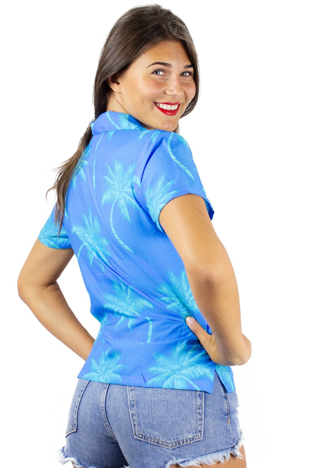 King Kameha Hawaiihemd Palmshadow Funky Hawaiibluse Damen Kurzarm Front-Tasche Stylish