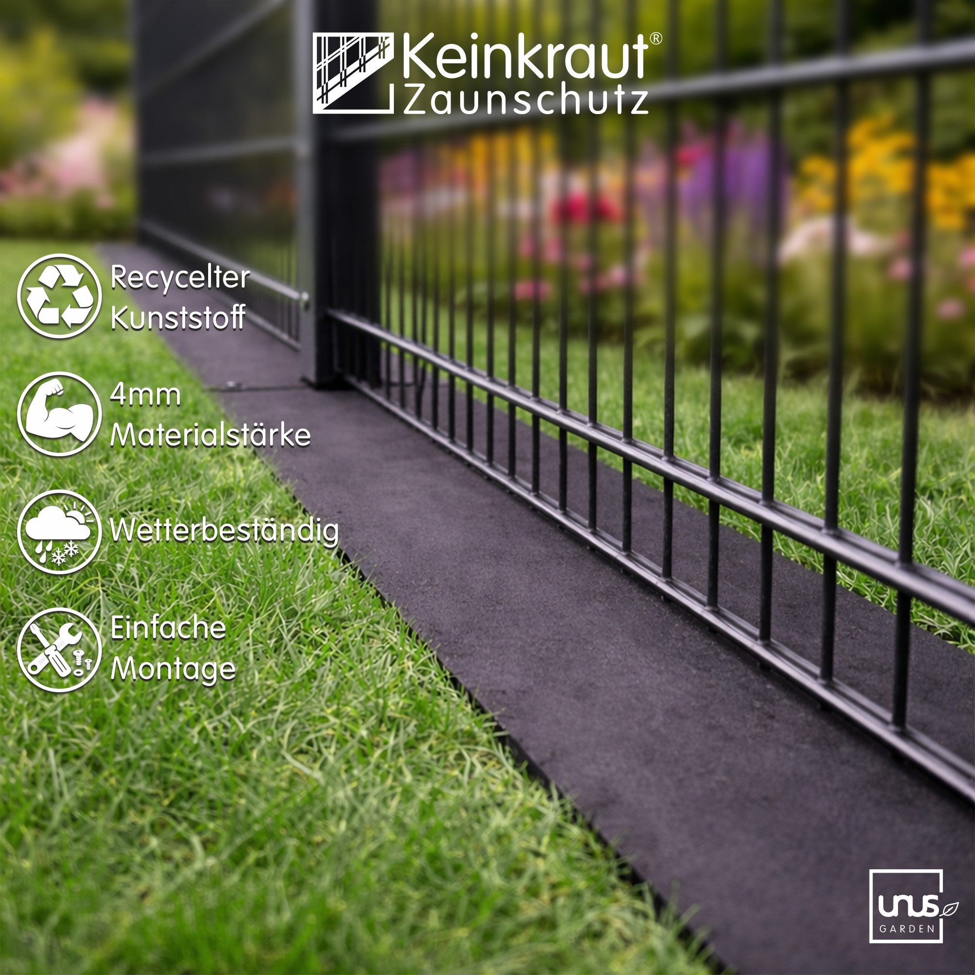 UNUS GARDEN Unkrautvlies Keinkraut® Zaunschutz Unkrautschutz, (für Ecken), saubere Mähkante, Schutz vor Unkraut unter dem Gartenzaun – Bild 4 von 5