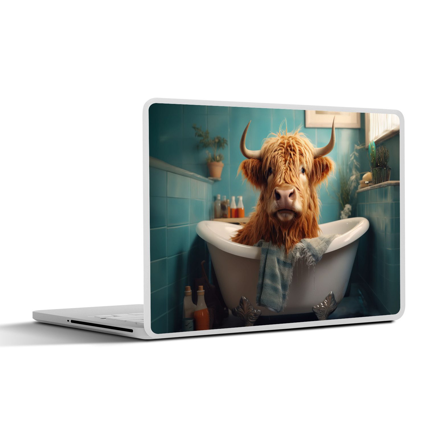 MuchoWow Laptop-Aufkleber Schottischer Highlander - Badezimmer - Blau - Bad, (1tlg), Laptop Folien Cover, Aufkleber, Sticker, Schutz vor Kratzern, 25x18 cm