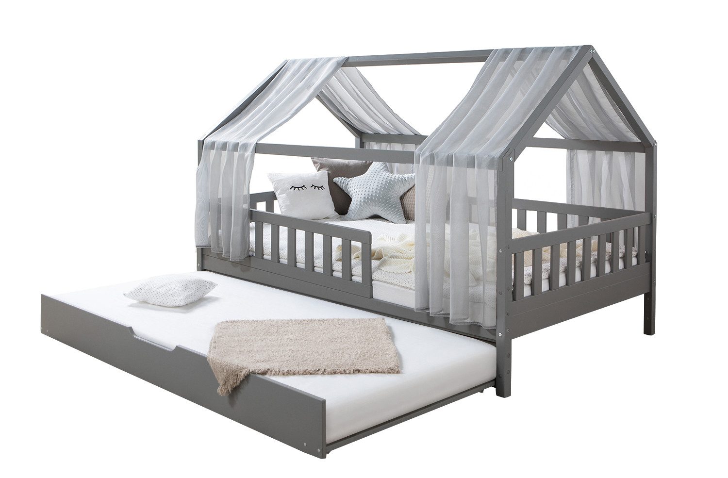Hausbett Kim mit Rausfallschutz und Zusatzbett aus Kiefer