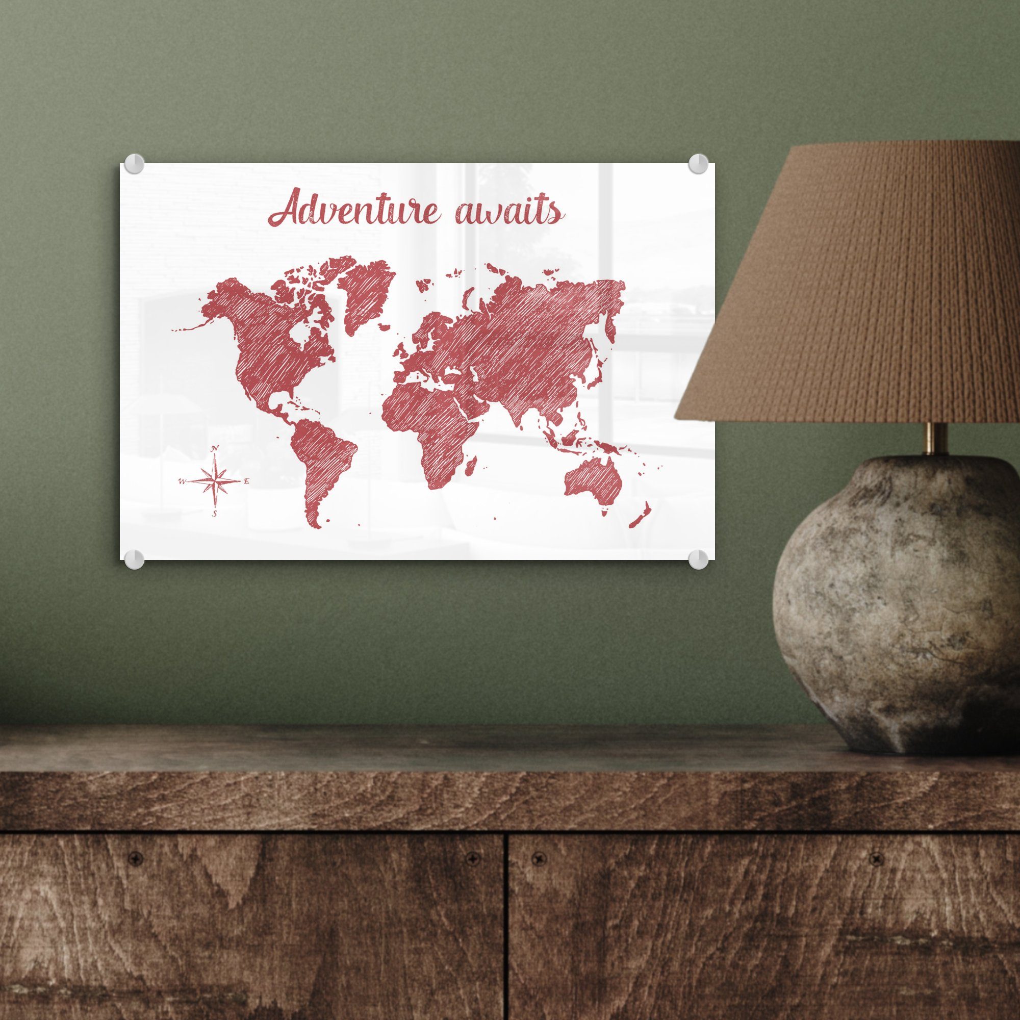 Weltkarte - Rot Acrylglasbild Bilder MuchoWow Foto - Wanddekoration St), Wandbild Zitat, auf (1 - Glasbilder auf - Glas - Glas