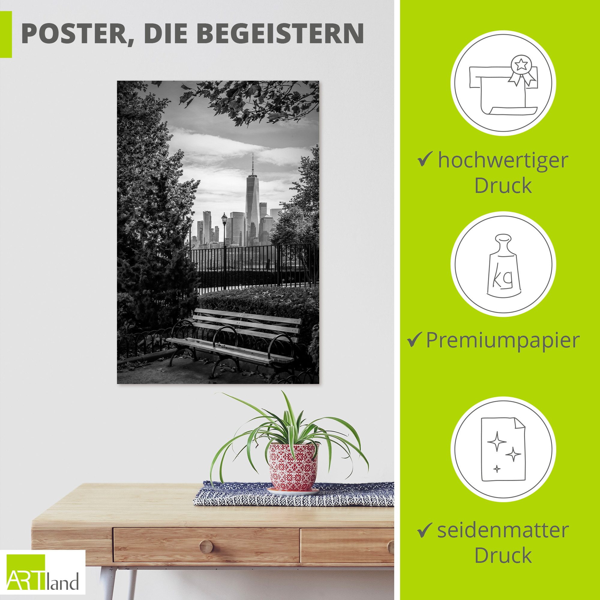 Artland Wandbild Urbaner Rückzugsort mit NYC-Skyline, (1 St), als Alubild, Leinwandbild, Poster, Wandaufkleber in verschied. Größen