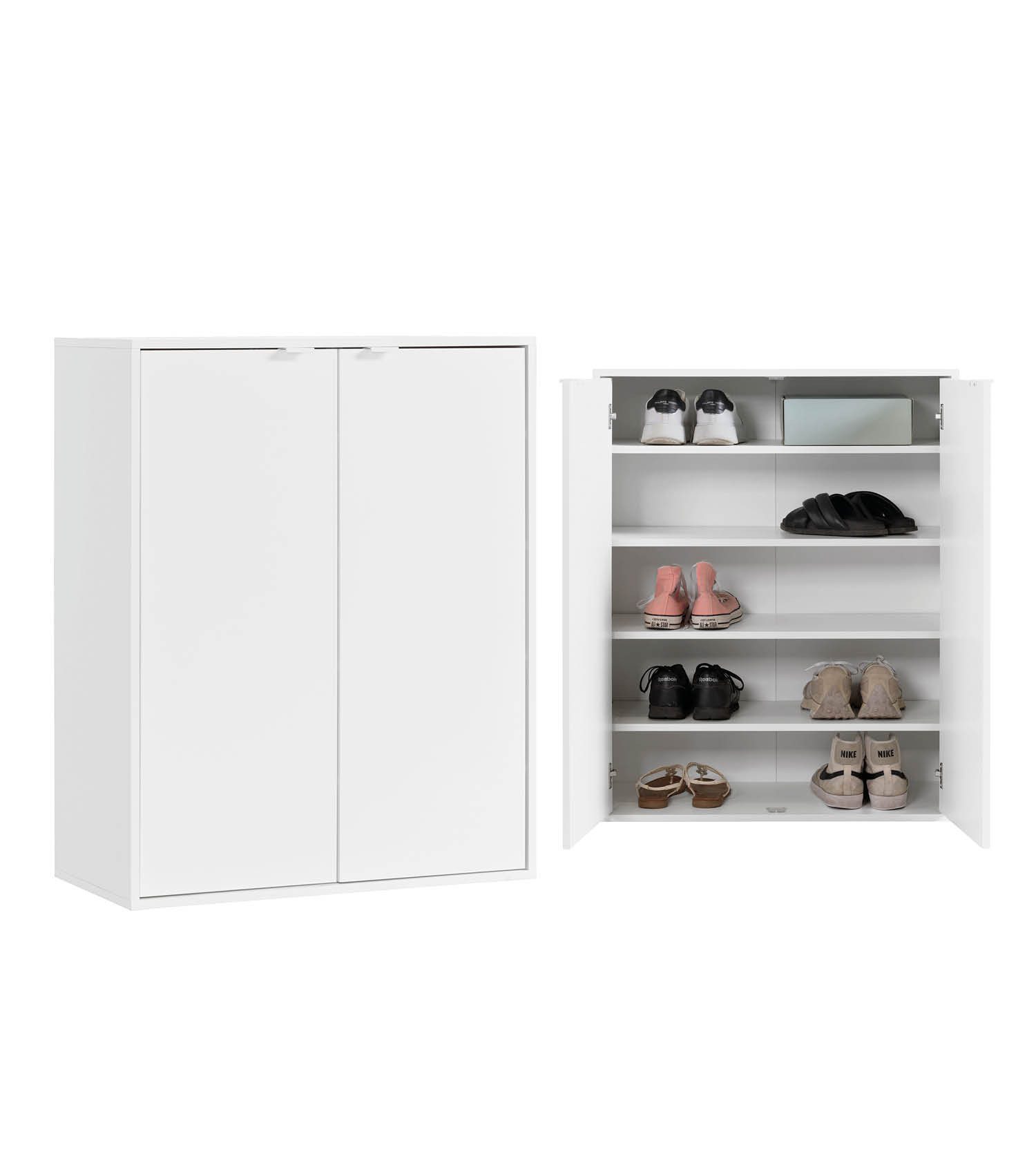 mokebo Schuhschrank Schuhschrank 'Der Concierge' (74x95 cm, mit 2 Türen und 4 Einlegeböden) Schuhregal, Flurschrank oder Sideboard aus Holz in Weiß