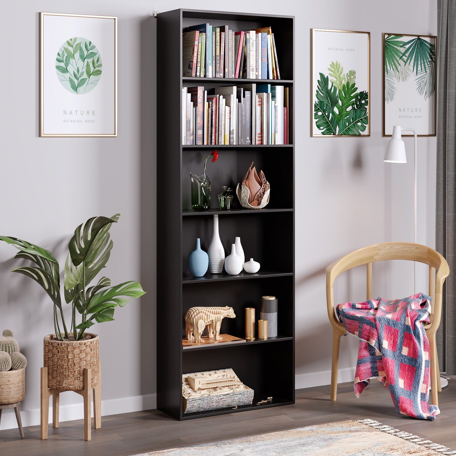 Homfa Bücherregal, 180cm Standregal Büroregal Raumteiler mit 6 Fächern Schwarz | Bücherschränke