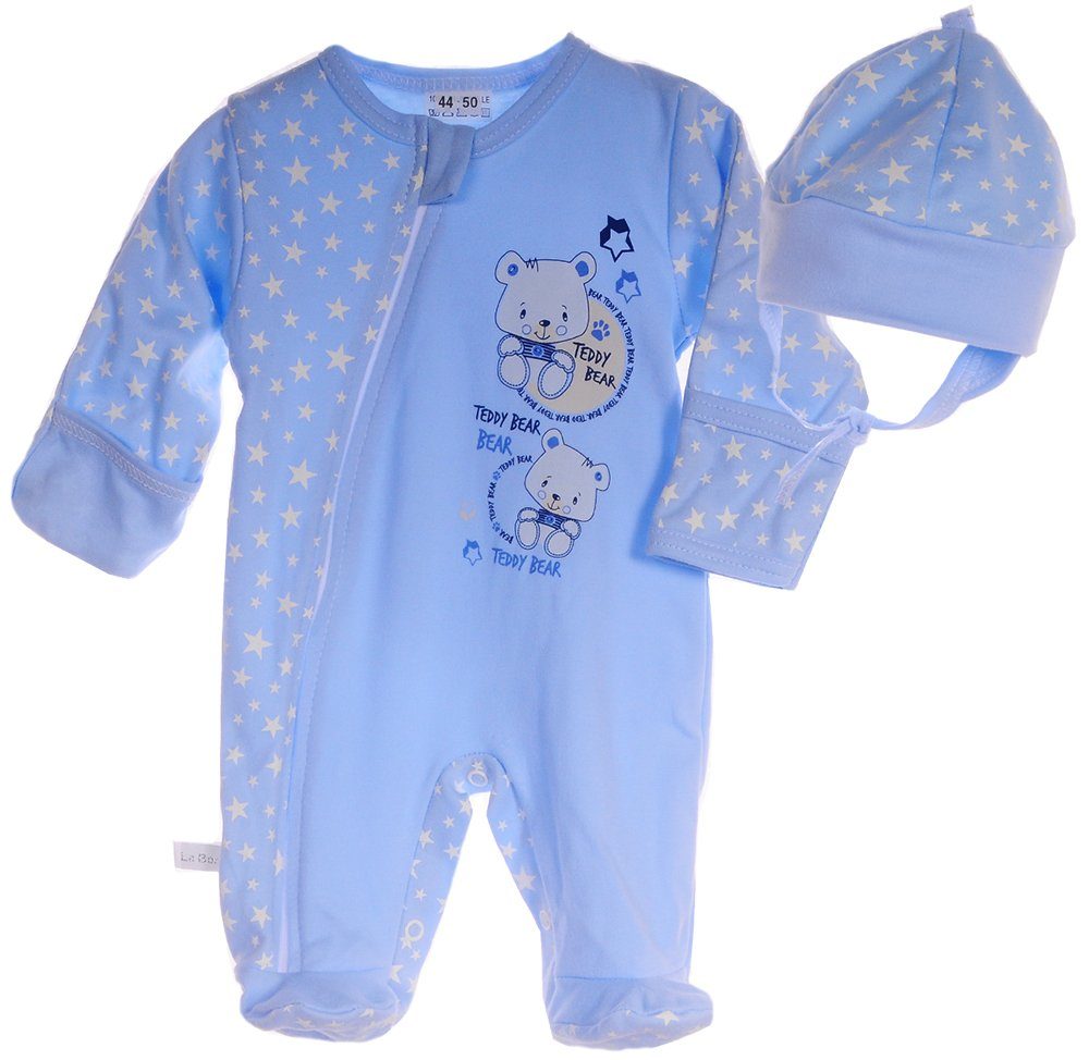 La Bortini Schlafoverall Strampler und Mütze Baby Set Schlafanzug in Blau mit Sternchen aus reiner Baumwolle, 44 50 56 62 68 74 80 86
