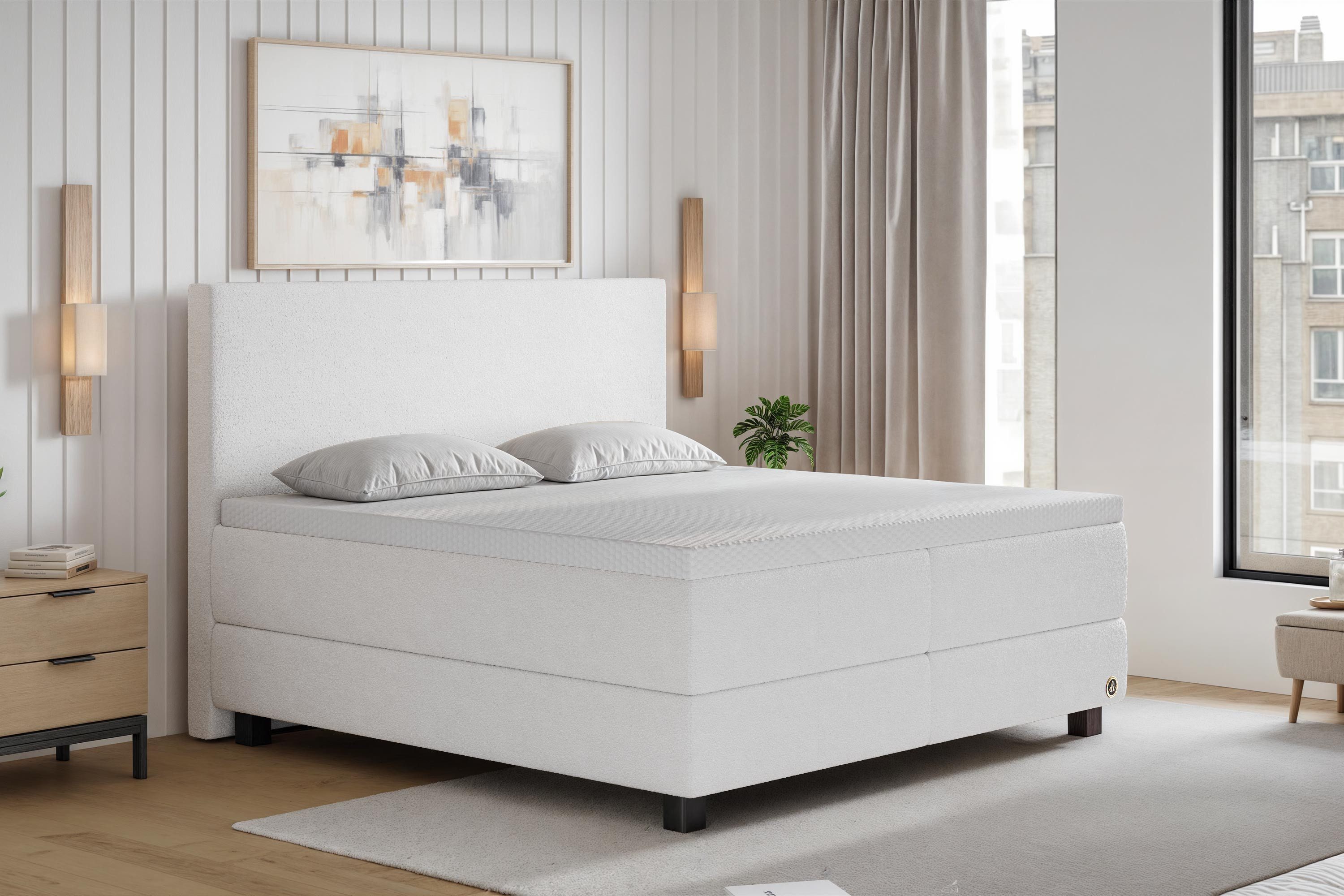 Di-Lara Boxspringbett Maria 90x200 cm (Offwhite, Taschenfederkern-Wendematratze H3/H4), mit Matratze(n) und Topper