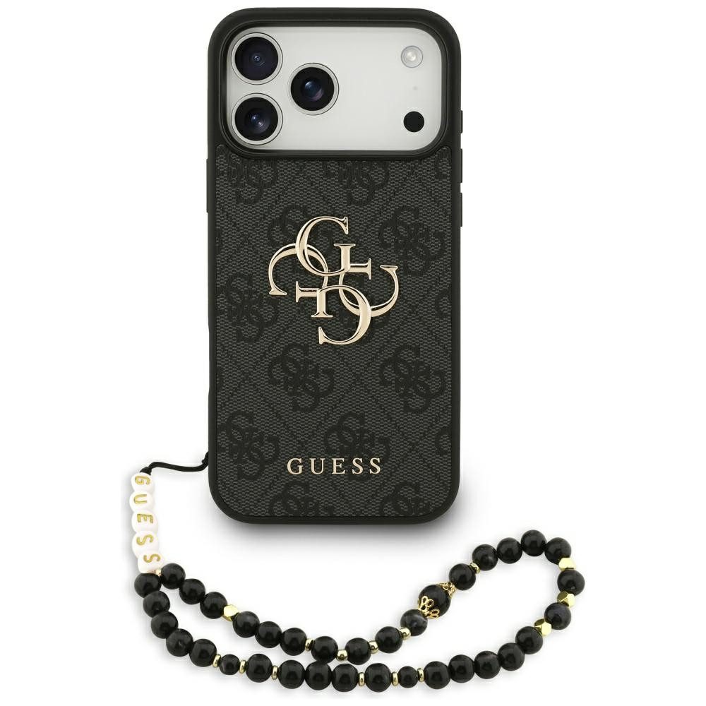 Guess Handyhülle Case iPhone 17 Pro Max Kunstleder grau Big Logo goldfarbig Kette 6,9 Zoll, Kantenschutz