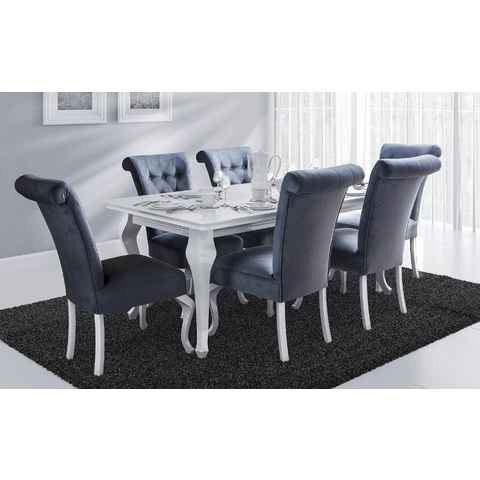 Deine Möbel 24 Essgruppe LUISE Tischgruppe Glamour Tisch mit 6 Stühlen Esszimmer, (7-tlg., Wohnzimmer, Esstisch aus Massivholz), in Weiß hochglanz Stühle in Samt Velour 140x80x180 170x90x210