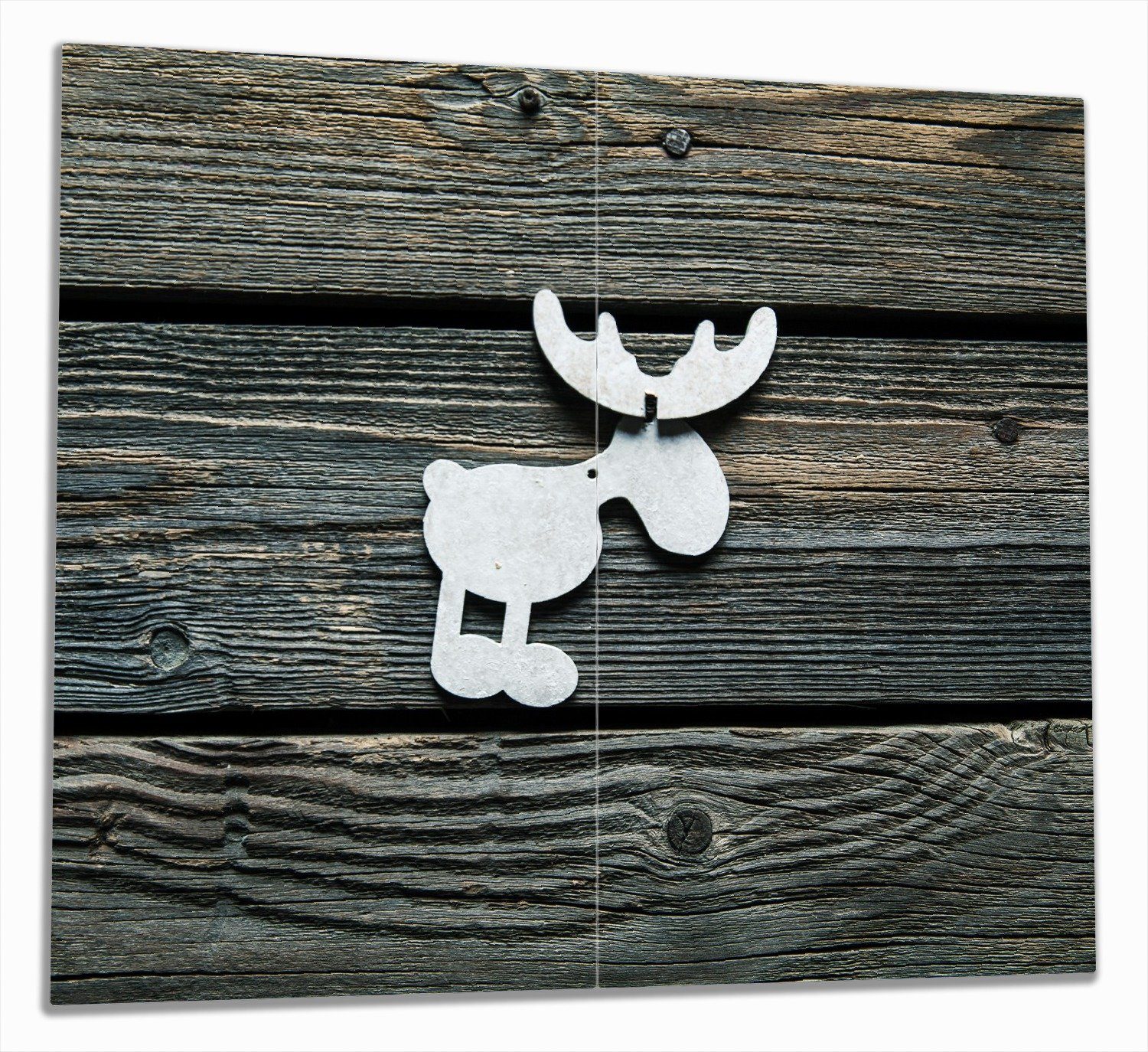 Wallario Herd-Abdeckplatte Elch Symbol in weiß, vor dunklem Holz, ESG-Sicherheitsglas, (Glasplatte, 2 tlg., inkl. 5mm Noppen), verschiedene Größen