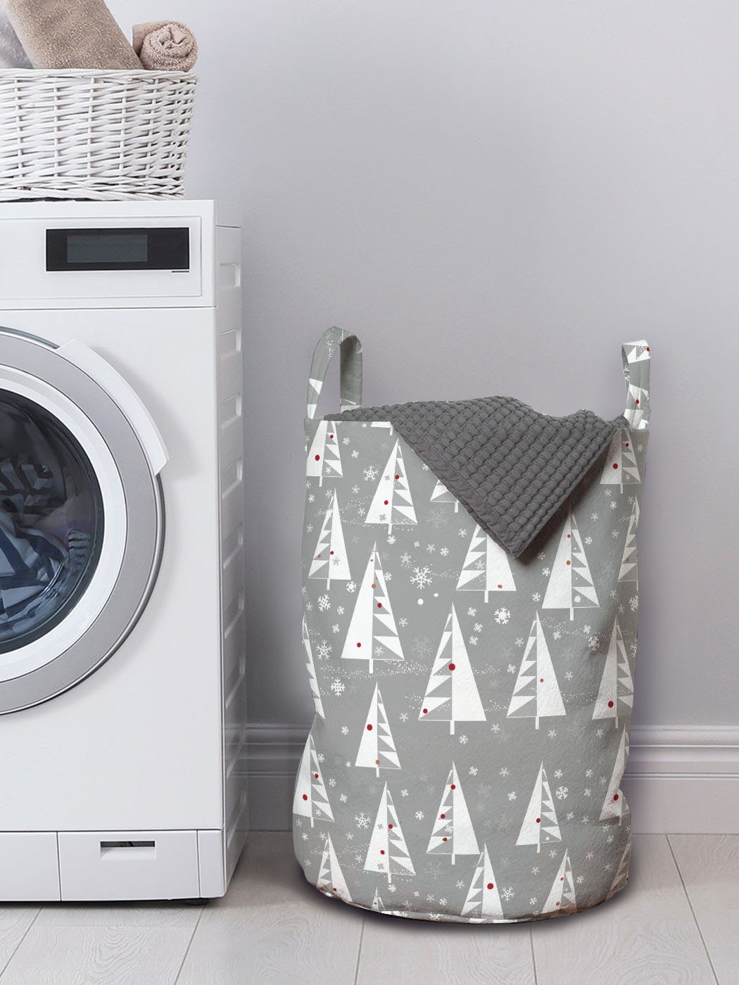 Wäschesäckchen Kordelzugverschluss mit Hintergrund für Waschsalons, Griffen Weihnachtsbaum Schneeflocken Abakuhaus Wäschekorb