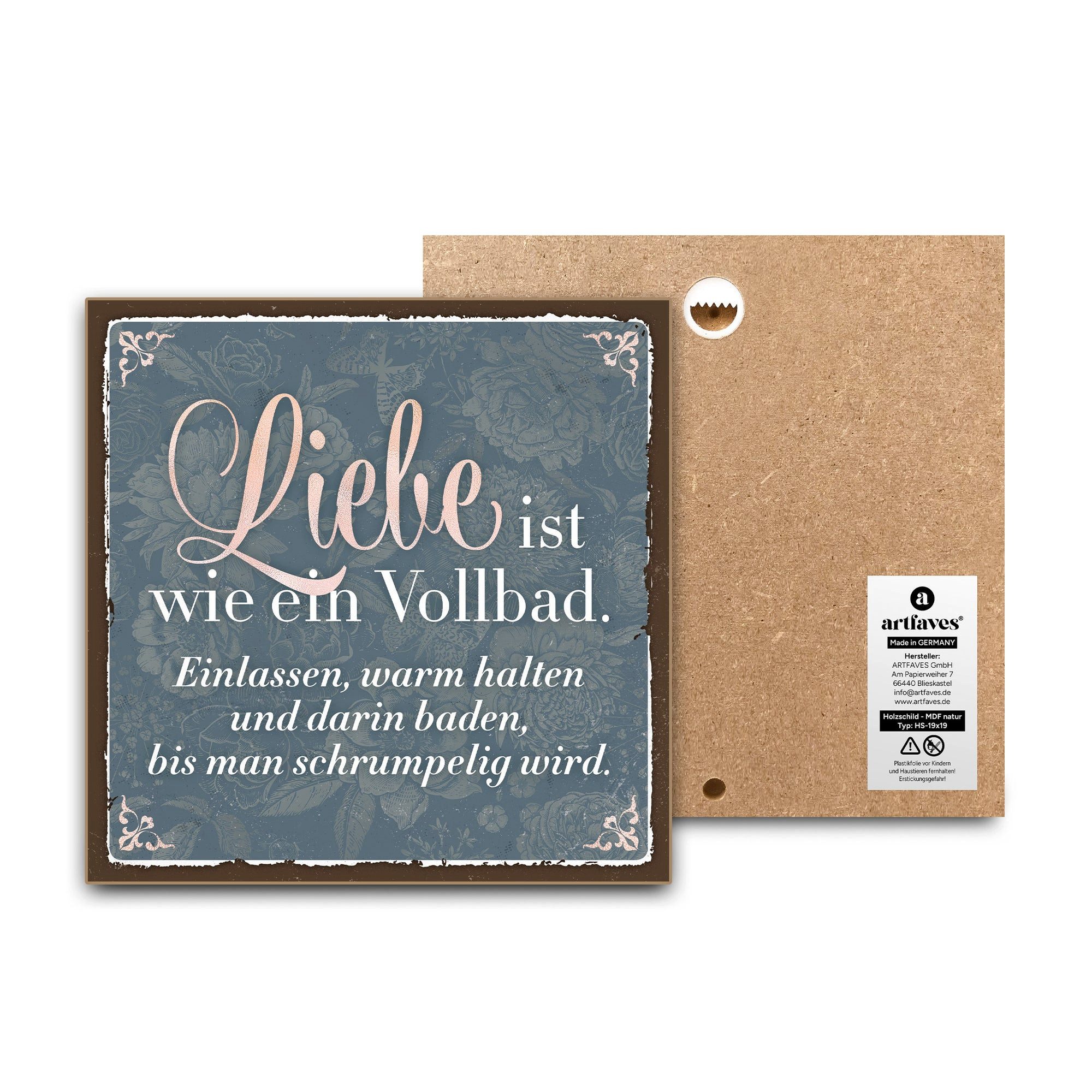 ARTFAVES Holzbild Schild mit Spruch - Liebe ist wie ein Vollbad - Hochzeit, Valentinstag