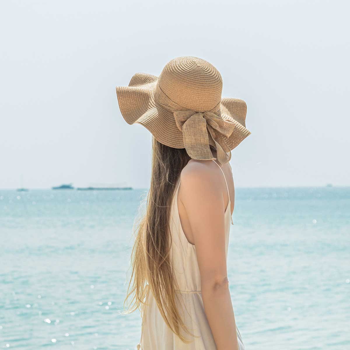 Vivi Idee Strohhut Sonnenhut Sommerhut Strandhut Straw hat, Damen faltbar, Einheitgröße wellenförmiger Rand – Bild 4 von 5