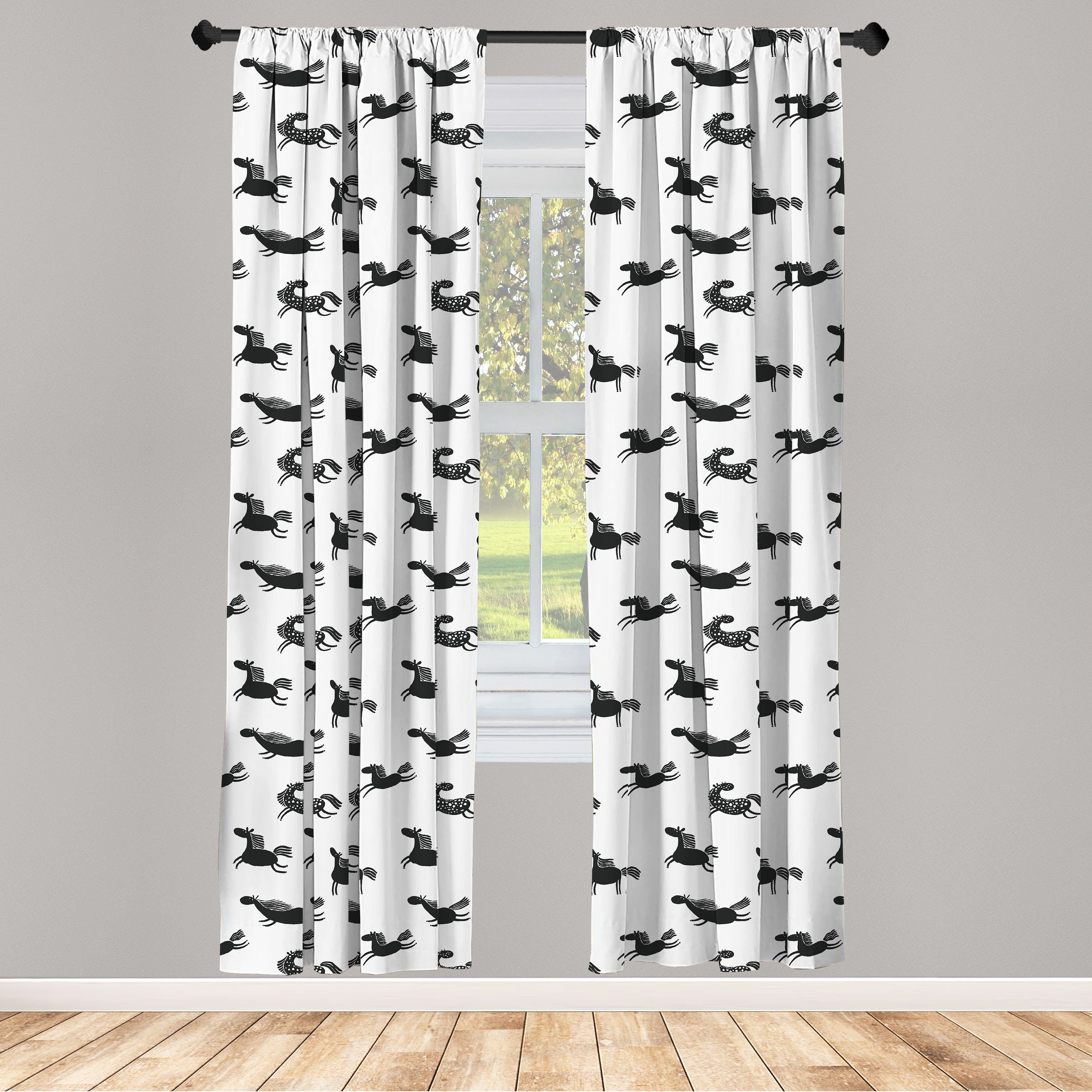 Gardine Vorhang für Wohnzimmer Schlafzimmer Dekor, Abakuhaus, Microfaser, Kindisch Primitive Zeichnung Pferde
