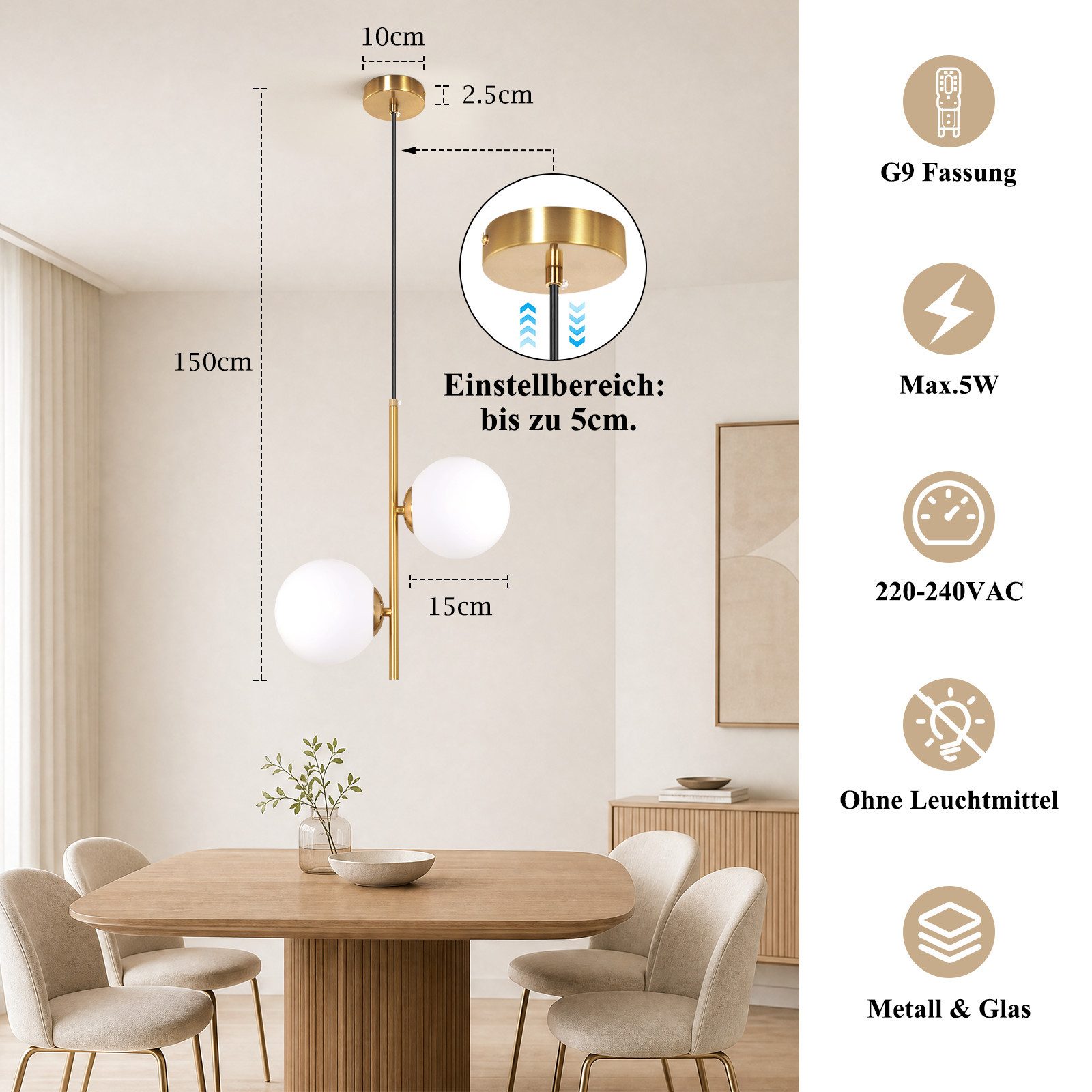 Nettlife Pendelleuchte 1/2/3flammig G9 Glas gold Innenseite moderne Hängeleuchte, ohne Leuchtmittel, für Esszimmer Wohnzimmer Küche Schlafzimmer