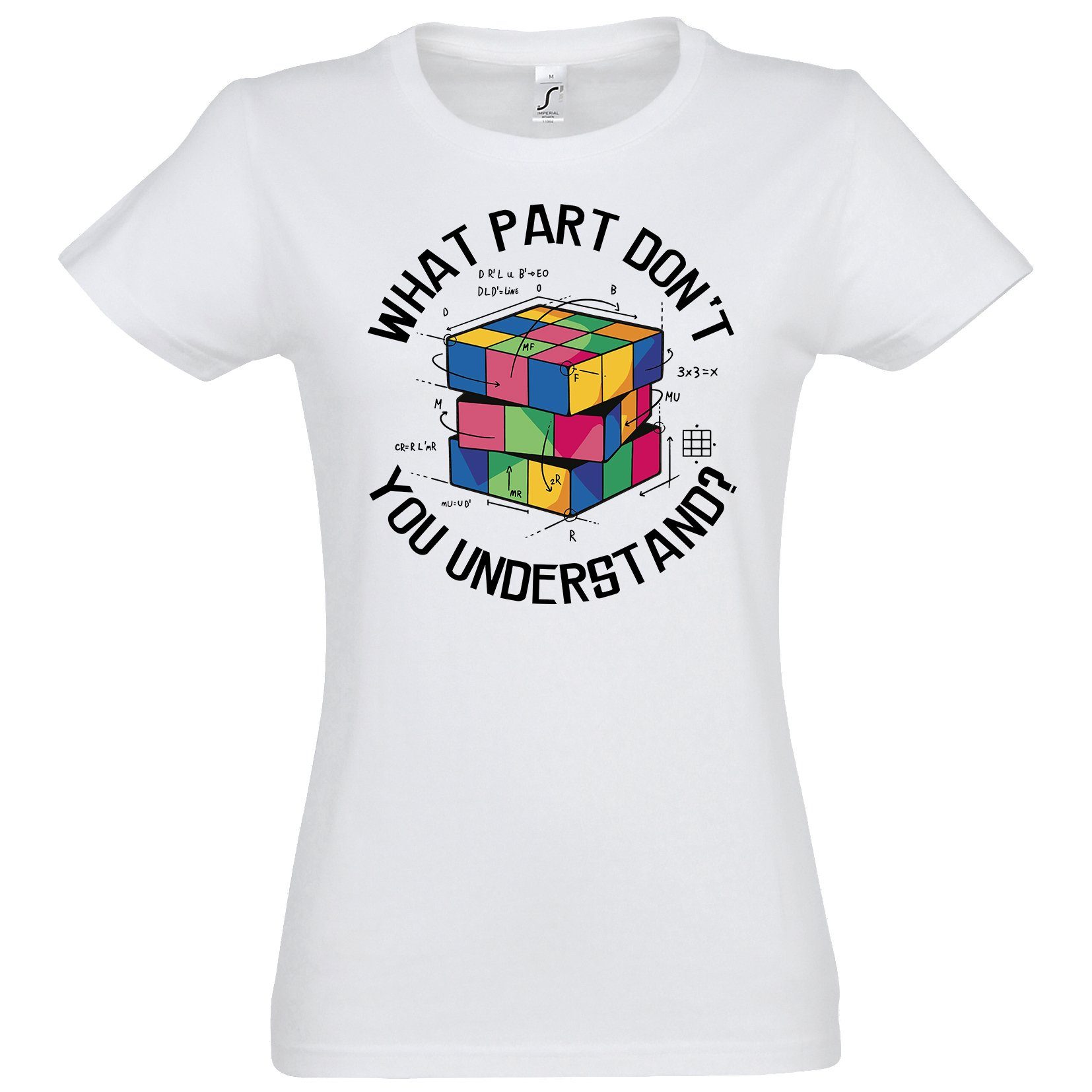 Youth Designz T-Shirt What Part don't you Understand Zauberwürfel Damen Shirt Mit modischem Print Weiss