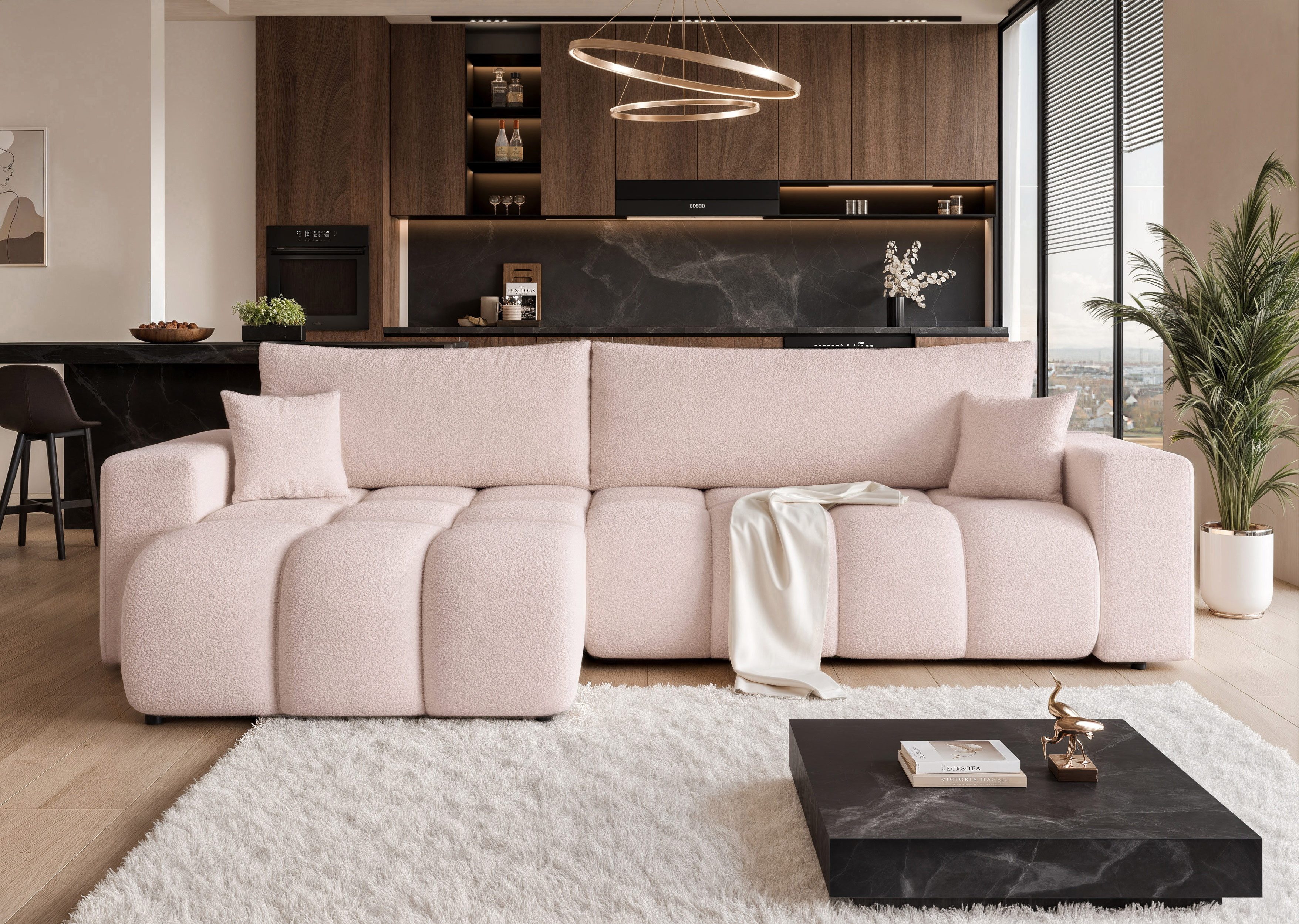 yourhouse24 Ecksofa OLI XL mit tiefer Steppung (278 cm) – Trend-Bouclé, Schlaffunktion, Seite universal