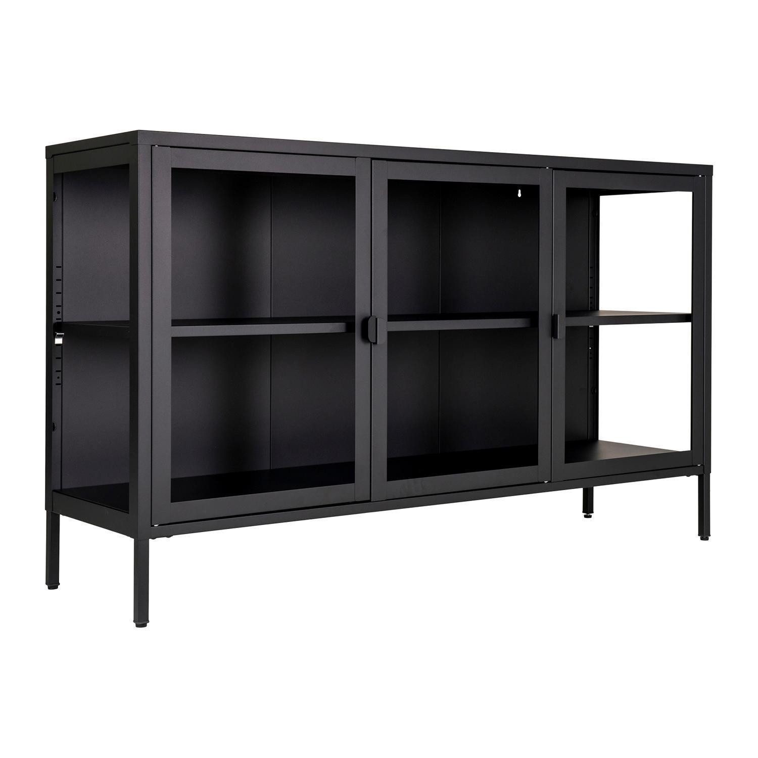 House Nordic Sideboard BRISBANE, Schwarz, Glas, Stahl, 3 Türen, B 140 x H 85 x T 40 cm