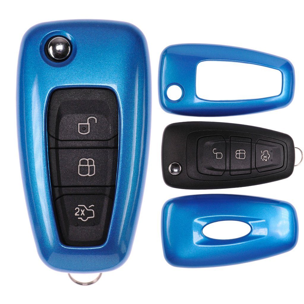 mt-key Schlüsseltasche Autoschlüssel Hardcover Schutzhülle Metallic Blue, für Ford Mondeo S-Max Focus Fiesta Transit Klappschlüssel Metallic Blau
