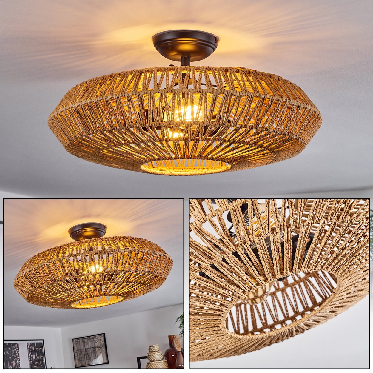 Schwarz/Natur, hofstein aus mit Design Metall/Rattan Leuchtmittel, »Alvi« 1xE27 ø52cm, Leuchte im modernen in Deckenlampe moderne Deckenleuchte ohne Lichteffekt,