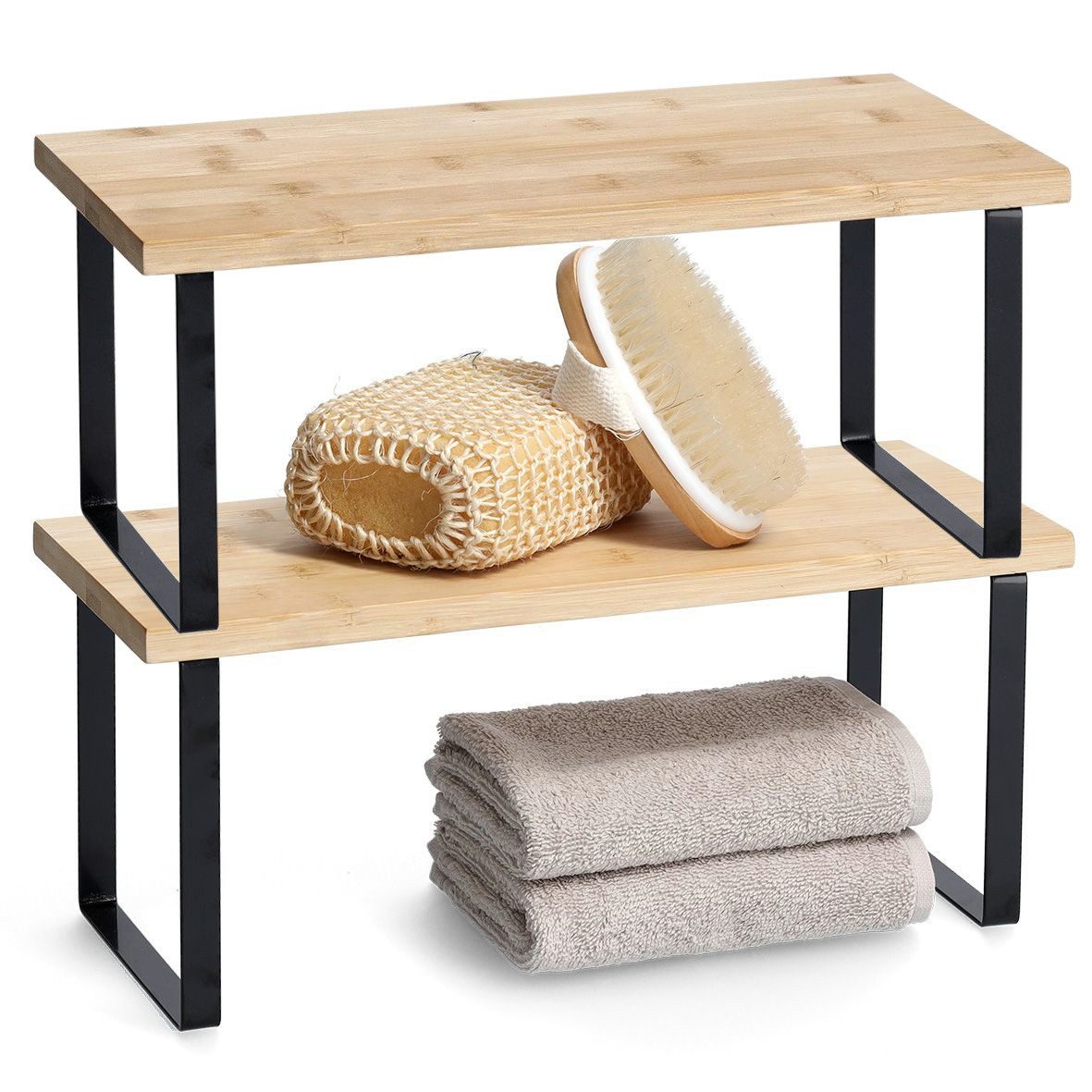 Basera® Regal Regal aus Bambus und schwarzem Metallgestell, 2-tlg., 2er Set, stapelbar – Bild 5 von 5