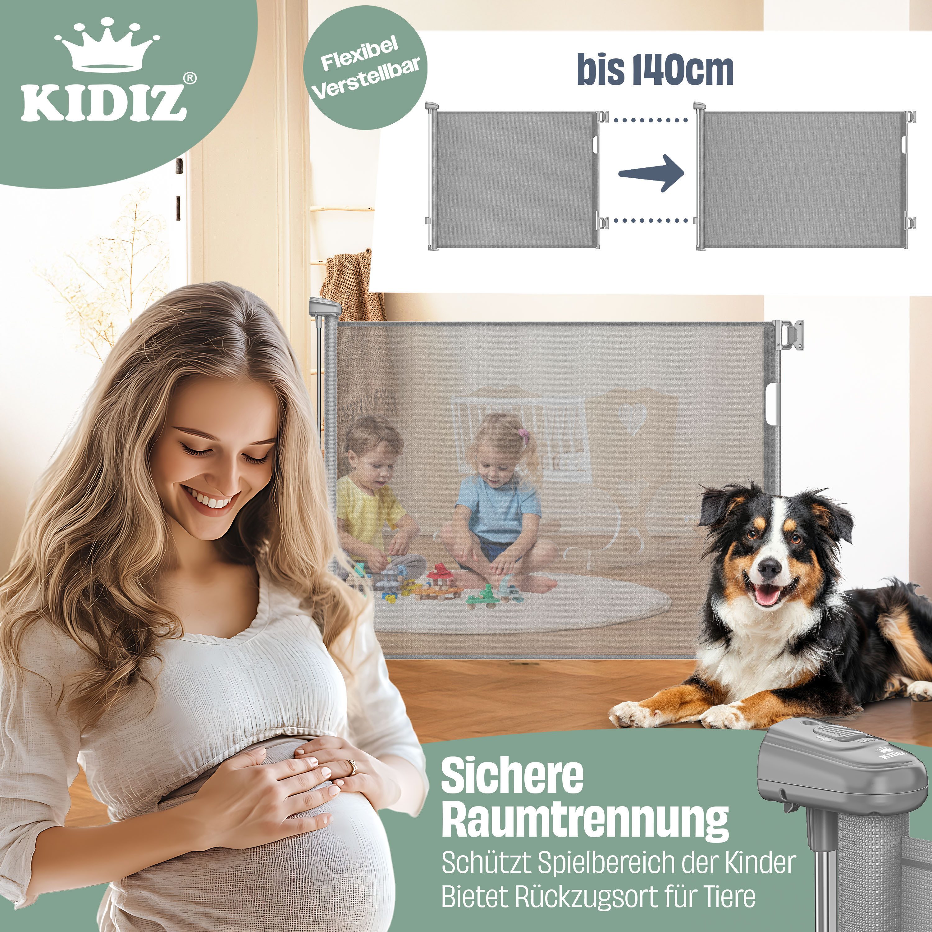 KIDIZ Türschutzgitter Treppenschutzgitter ausziehbar bis 140cm für Kinder, Babys & Haustiere (Schutzgitter für Treppen & Türen inkl. Bodenanker & Montagezubehör – Bild 5 von 5