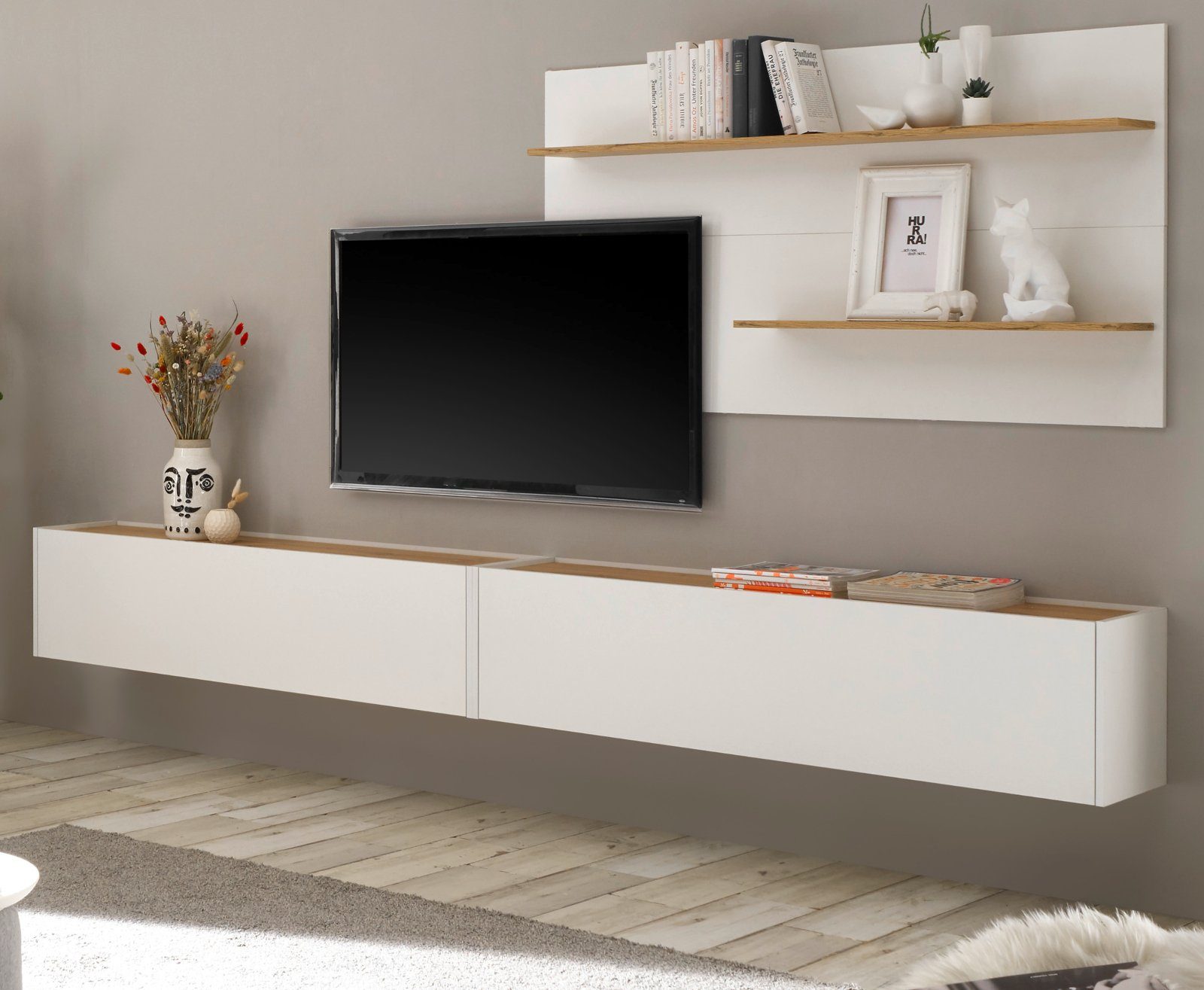 (Wohnzimmer Breite Set TV anpassbar Wotan 300 in an Center, Furn.Design Höhe mit Eiche, weiß Wohnwand hängend, cm), Gerät