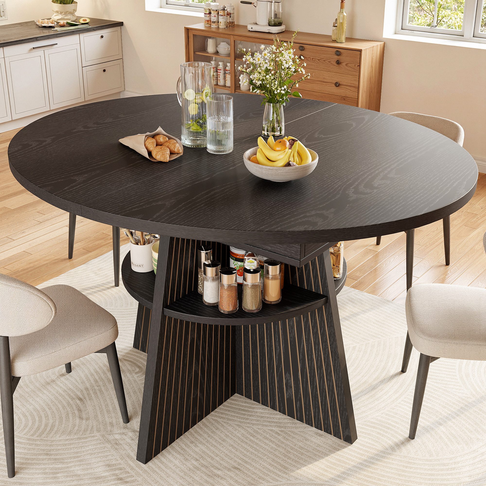 Flieks Esstisch runder/ovaler Küchentisch mit ausziehbarer Tischplatten Holzoptik (L110-150/T110/H76 cm, 1-St., 1 Tisch), erweiterbar Esszimmertisch mit Ablagen Bürotisch Schreibtisch Schwarz
